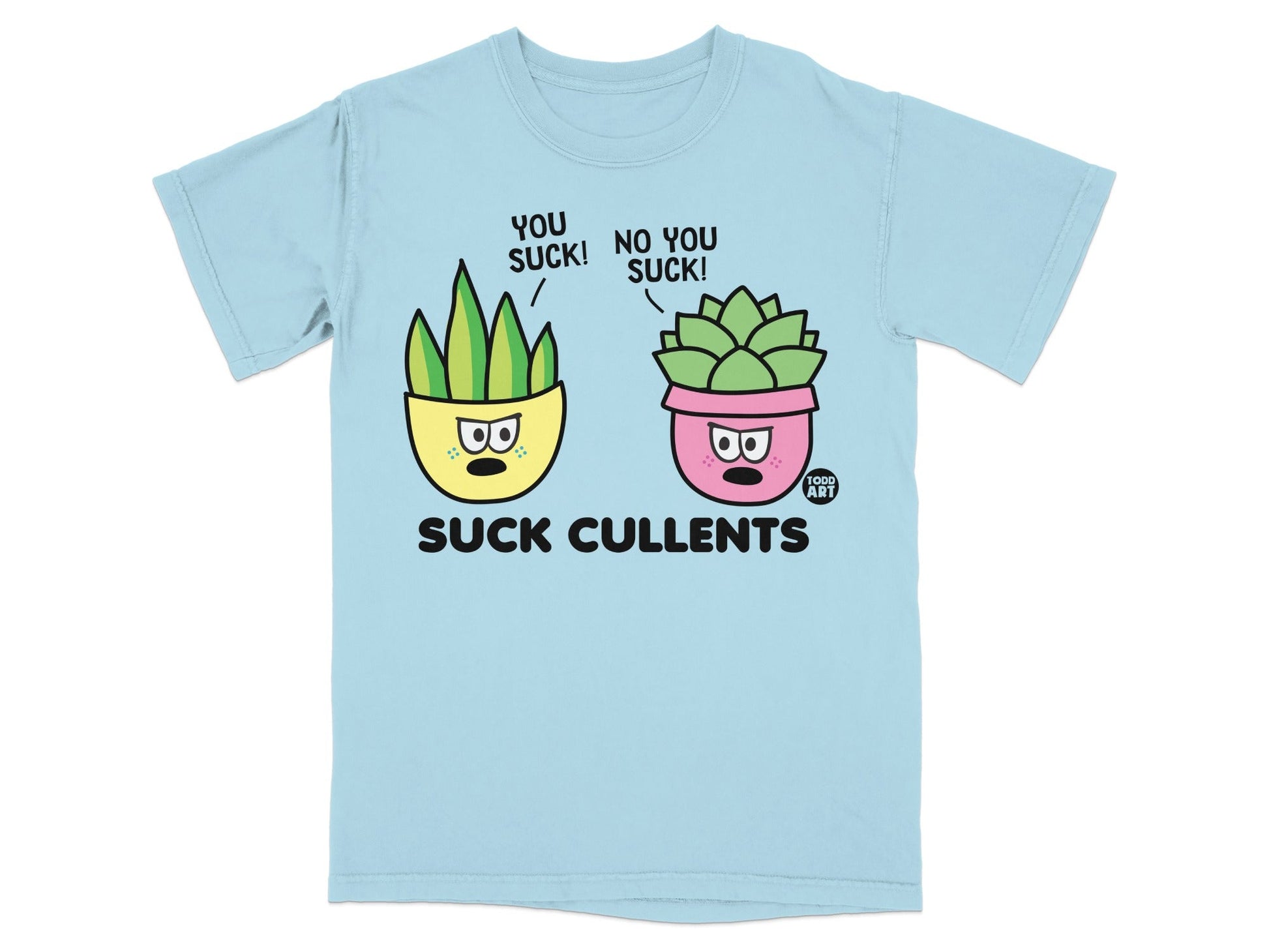Two potted plants with faces, one saying "You suck!", the other "No you suck!".