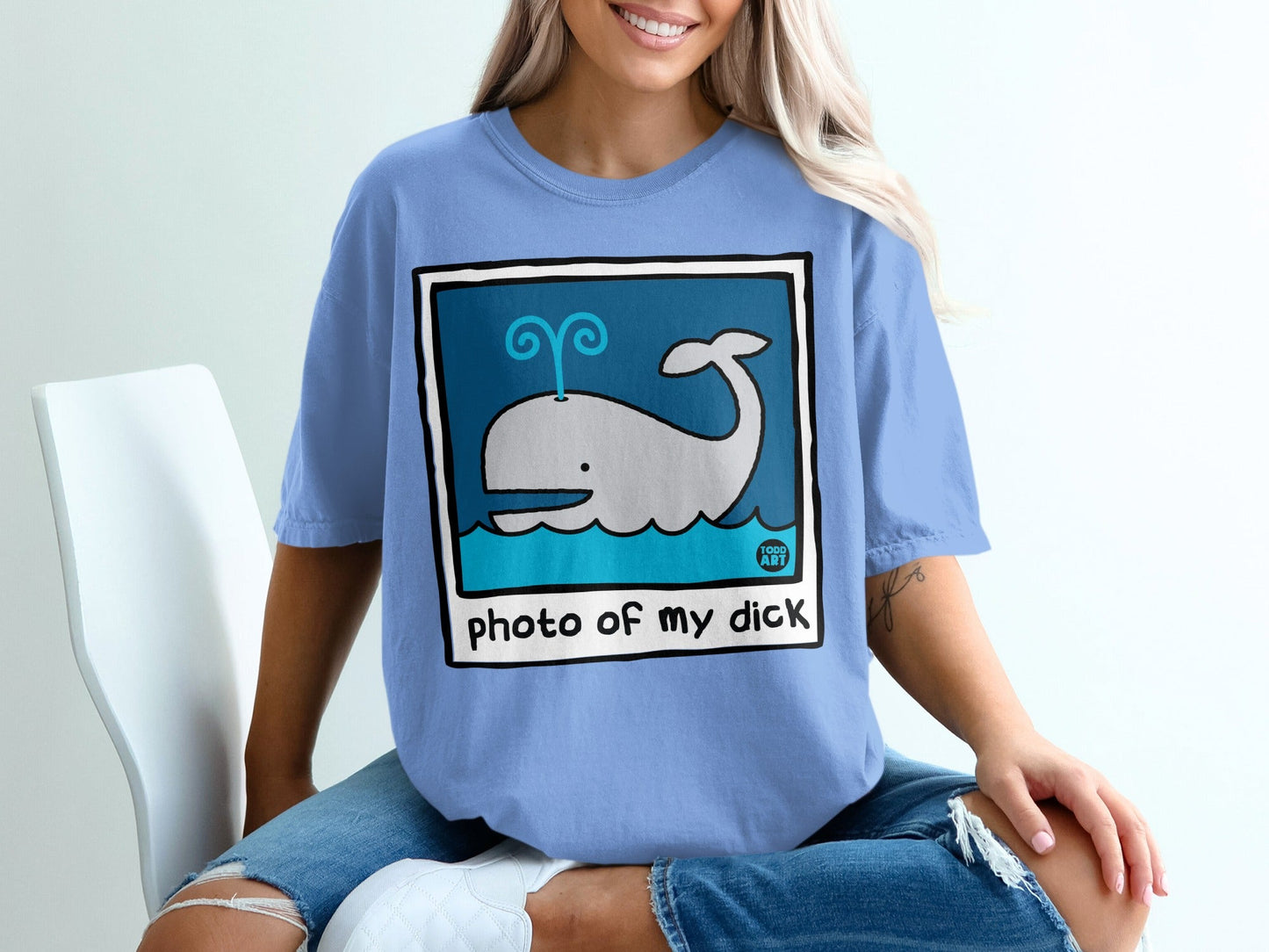 Illustration of a whale in water with "photo of my dick" text.