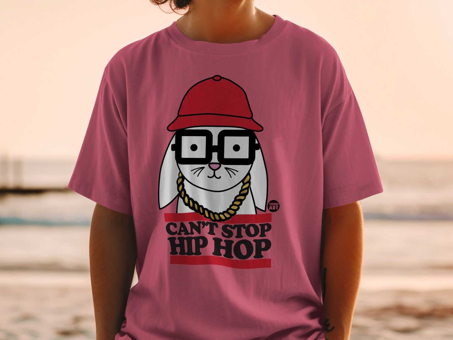 T-shirt with cartoon rabbit wearing glasses and gold chain, text reads "CAN'T STOP HIP HOP".