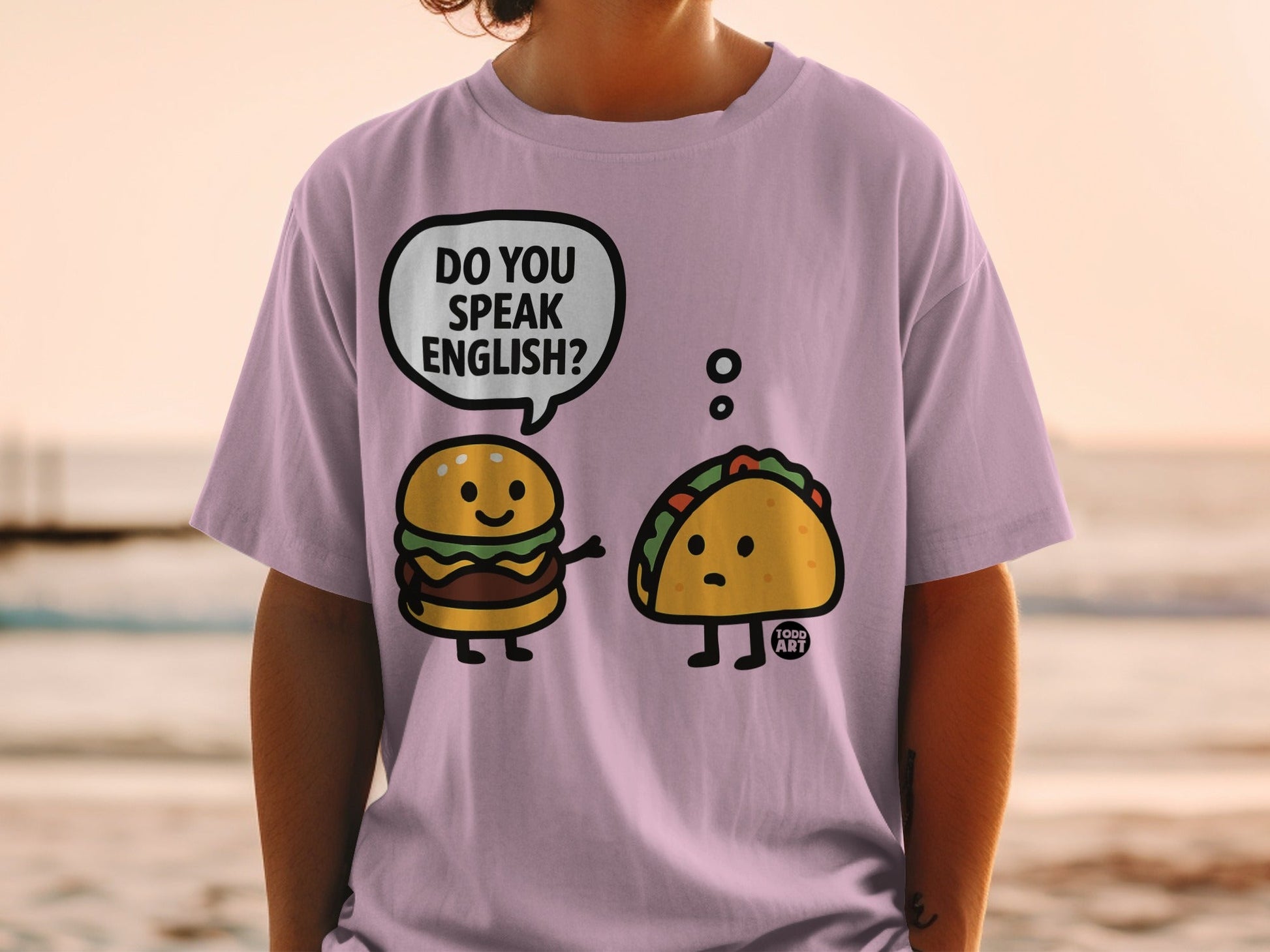 Funny Cartoon Burger and Taco Speak English T-shirt