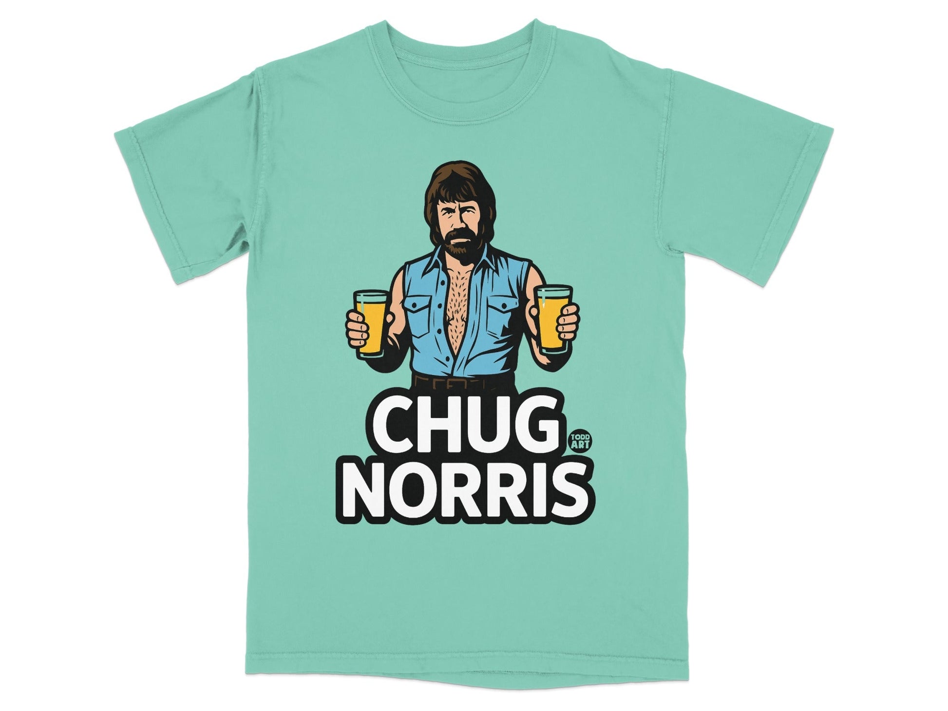 Teal t-shirt with "CHUG NORRIS" and a cartoon Chuck Norris holding two beers.