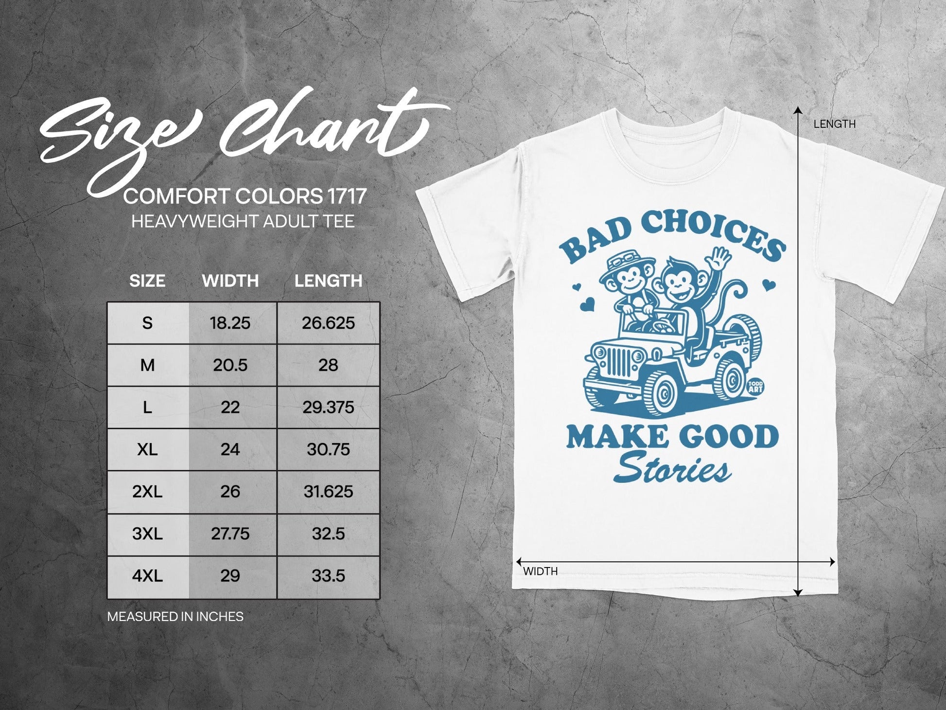 Size chart for Comfort Colors 1717 heavyweight adult tee with graphic.
