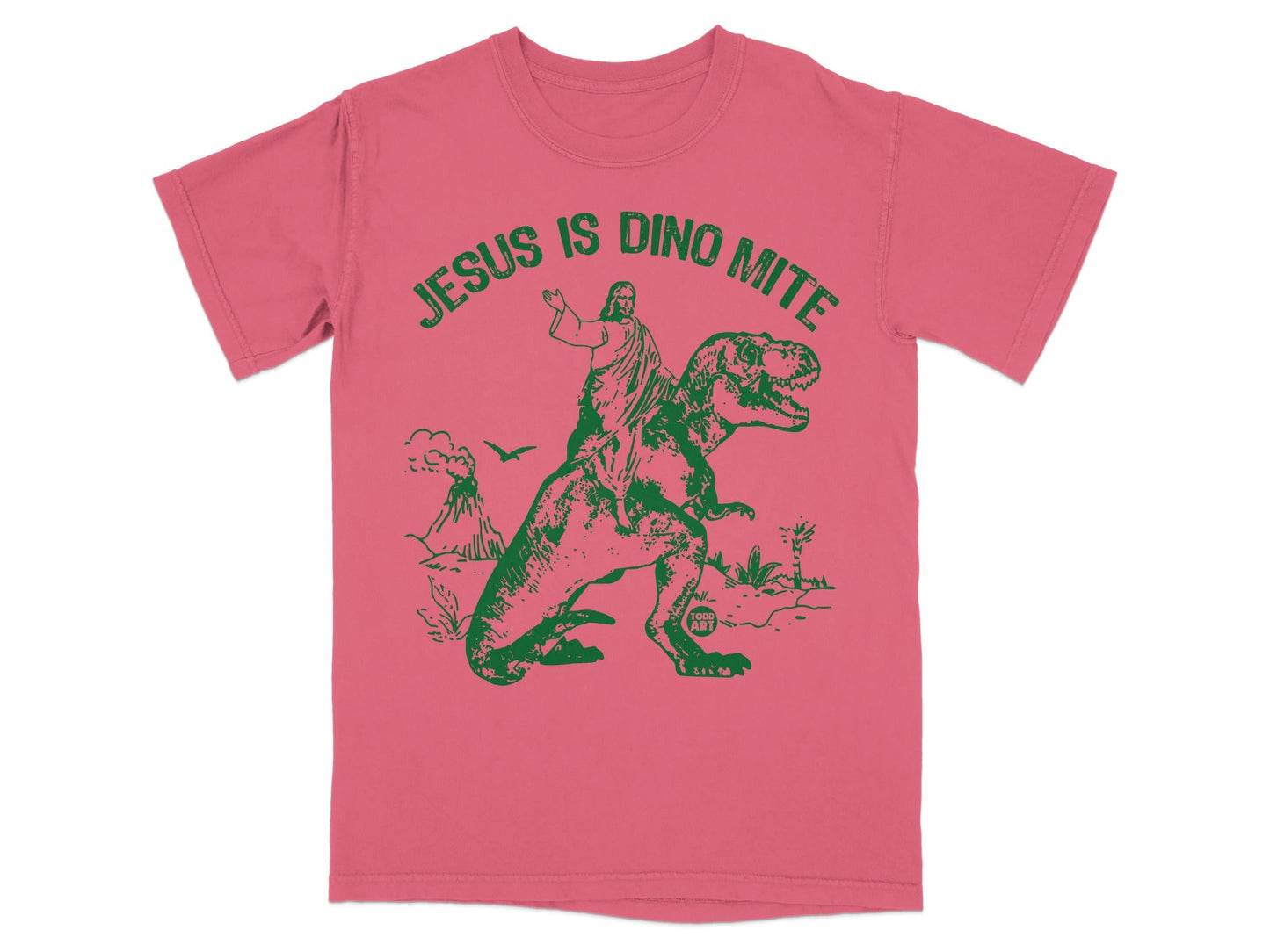 Jesus riding a T-Rex with text above.