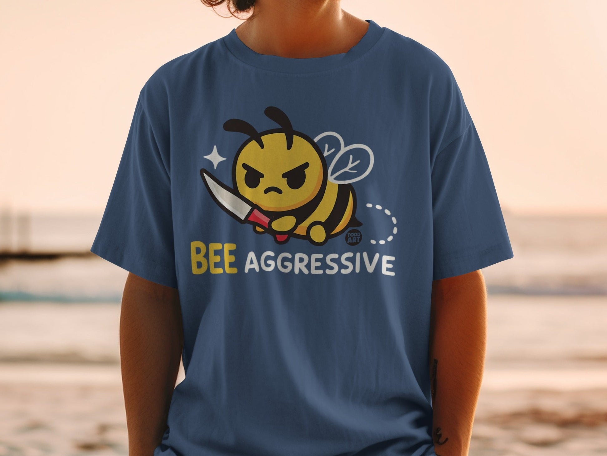 Bee Aggressive Cartoon Knife Graphic T-shirt