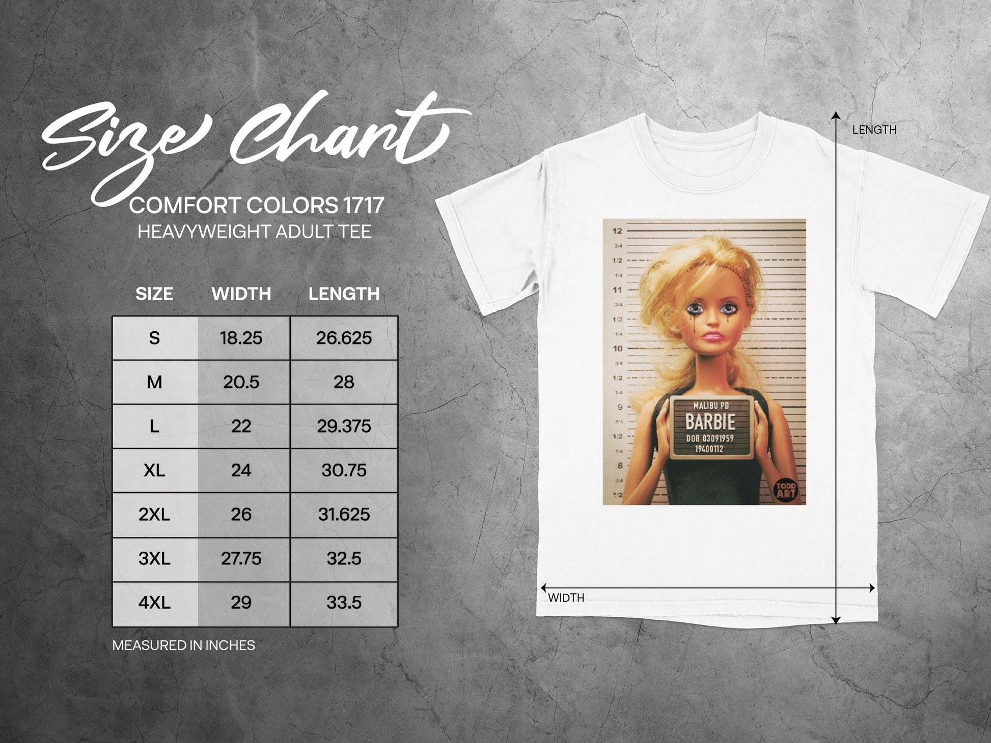 Size chart for Comfort Colors 1717 heavyweight adult tee with Barbie mugshot graphic.