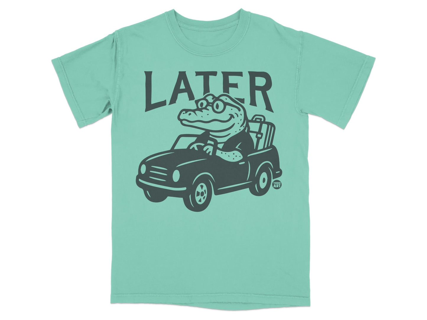 Alligator wearing glasses driving a car, with "LATER" text.