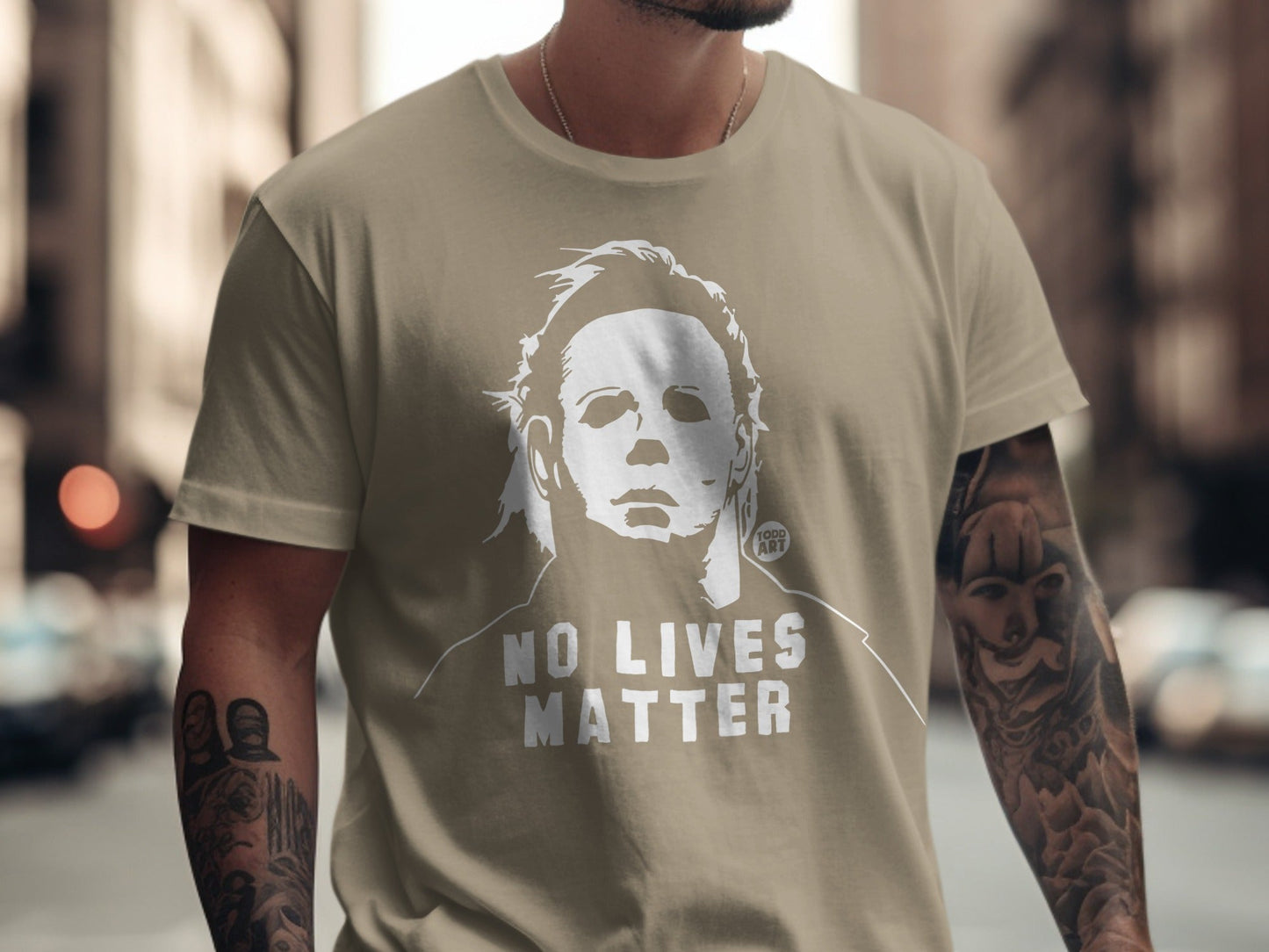 Michael Myers t-shirt with "NO LIVES MATTER" text.