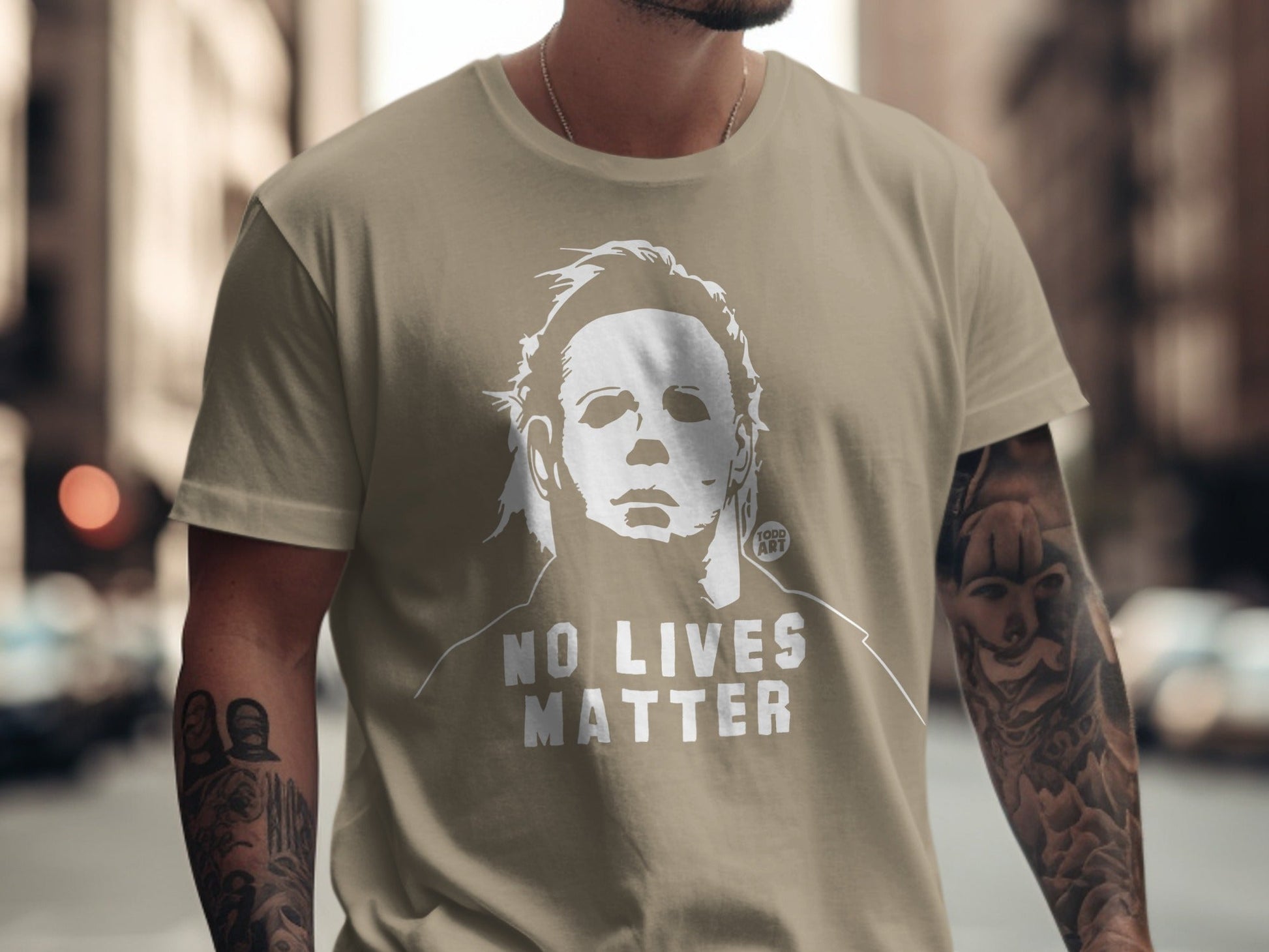 Michael Myers t-shirt with "NO LIVES MATTER" text.