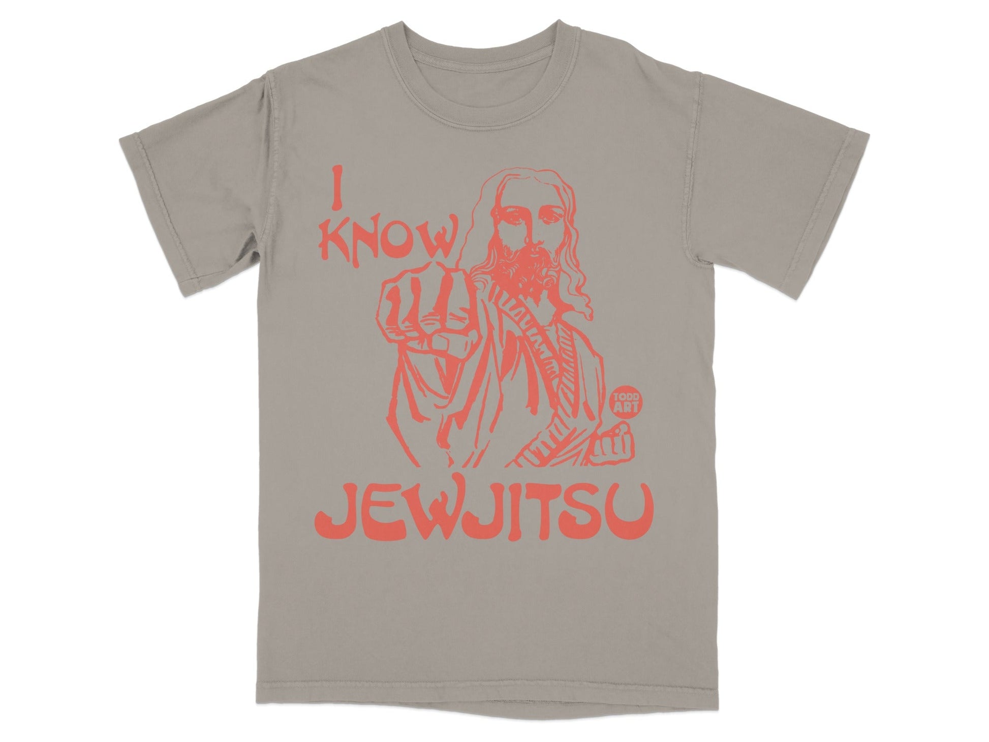 Jesus in orange pointing finger on gray t-shirt with "I KNOW JEWJITSU" text.
