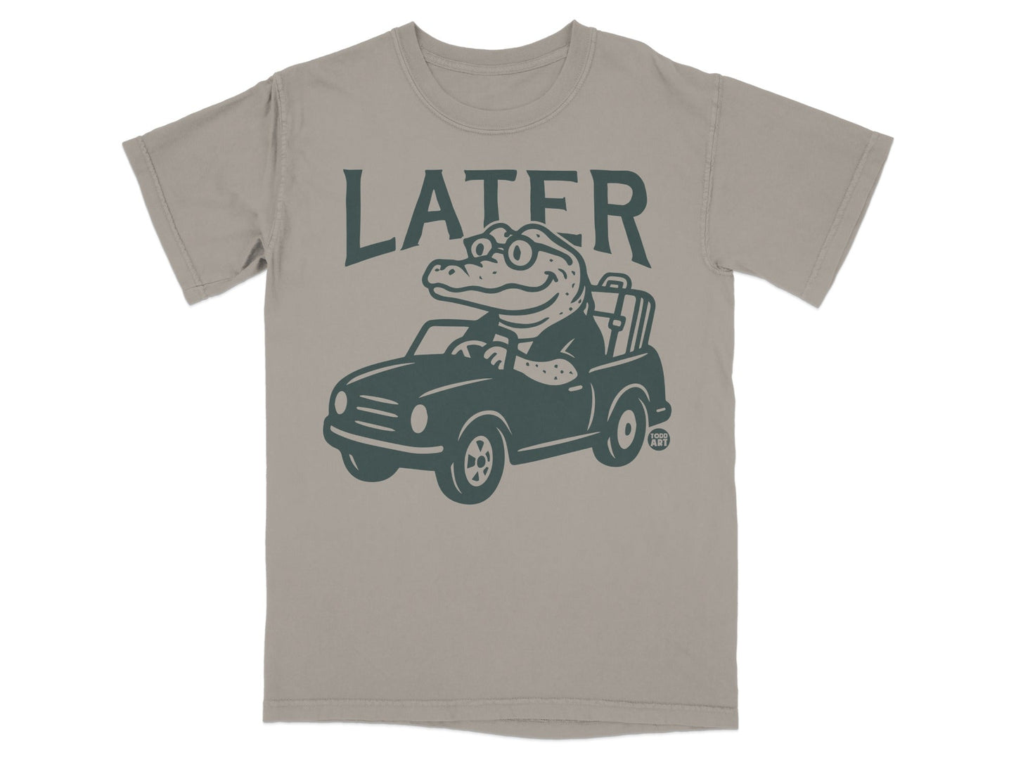 Alligator in a car wearing glasses, with "LATER" text above.