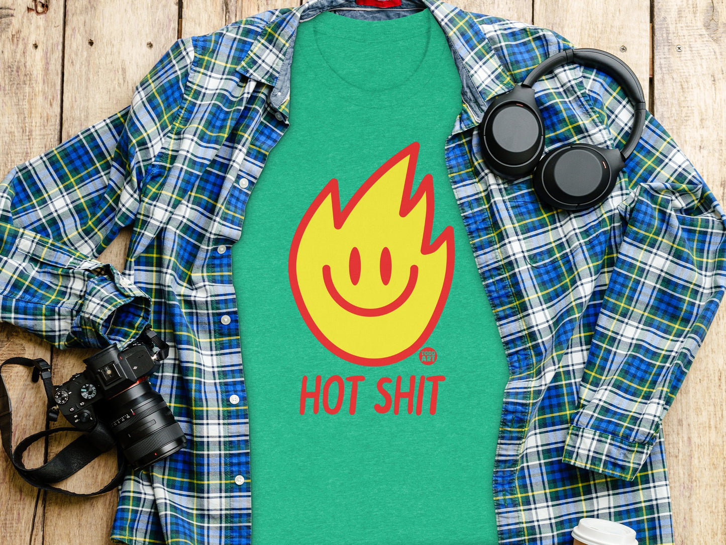 Bold Green Tee with Fun Fiery Emblem Design Shirt