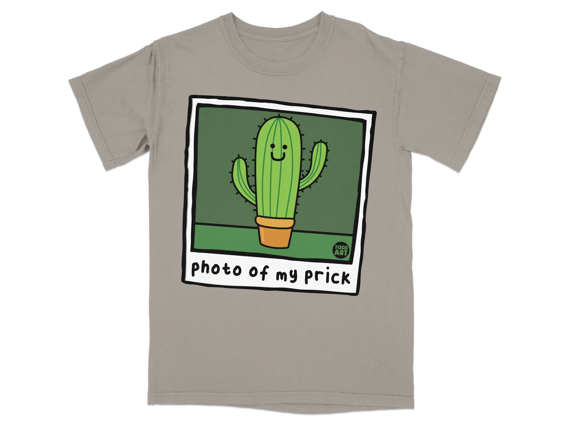 Cartoon cactus with smiling face in a pot, text "photo of my prick".