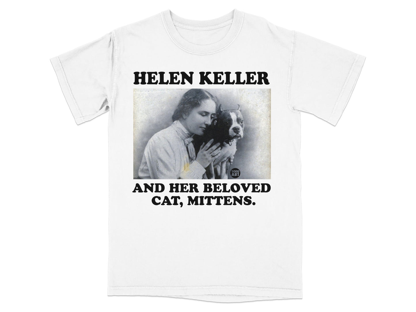 Helen Keller with cat Mittens on a vintage t-shirt.