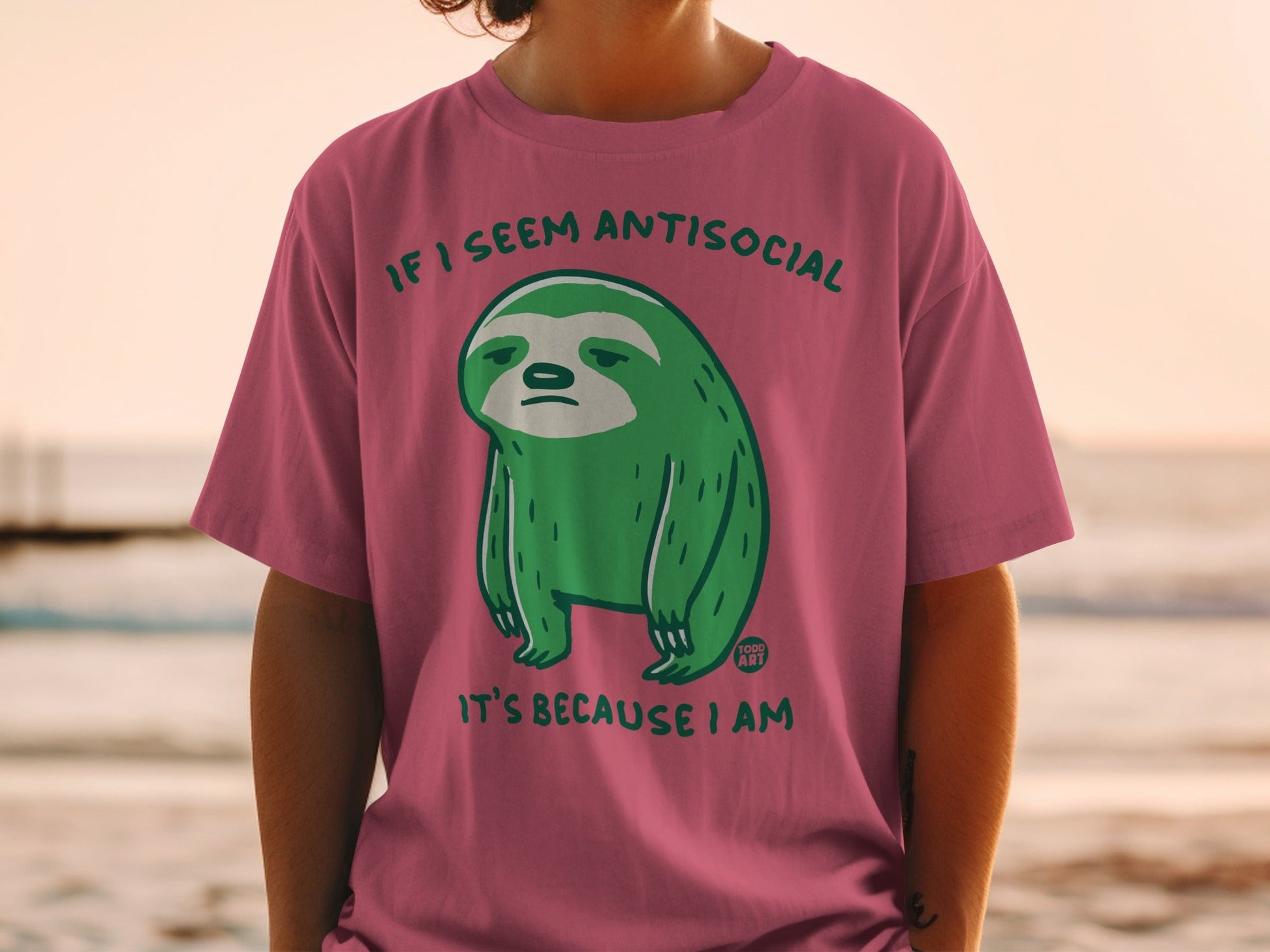 Green cartoon sloth on pink t-shirt reads "If I seem antisocial it's because I am."
