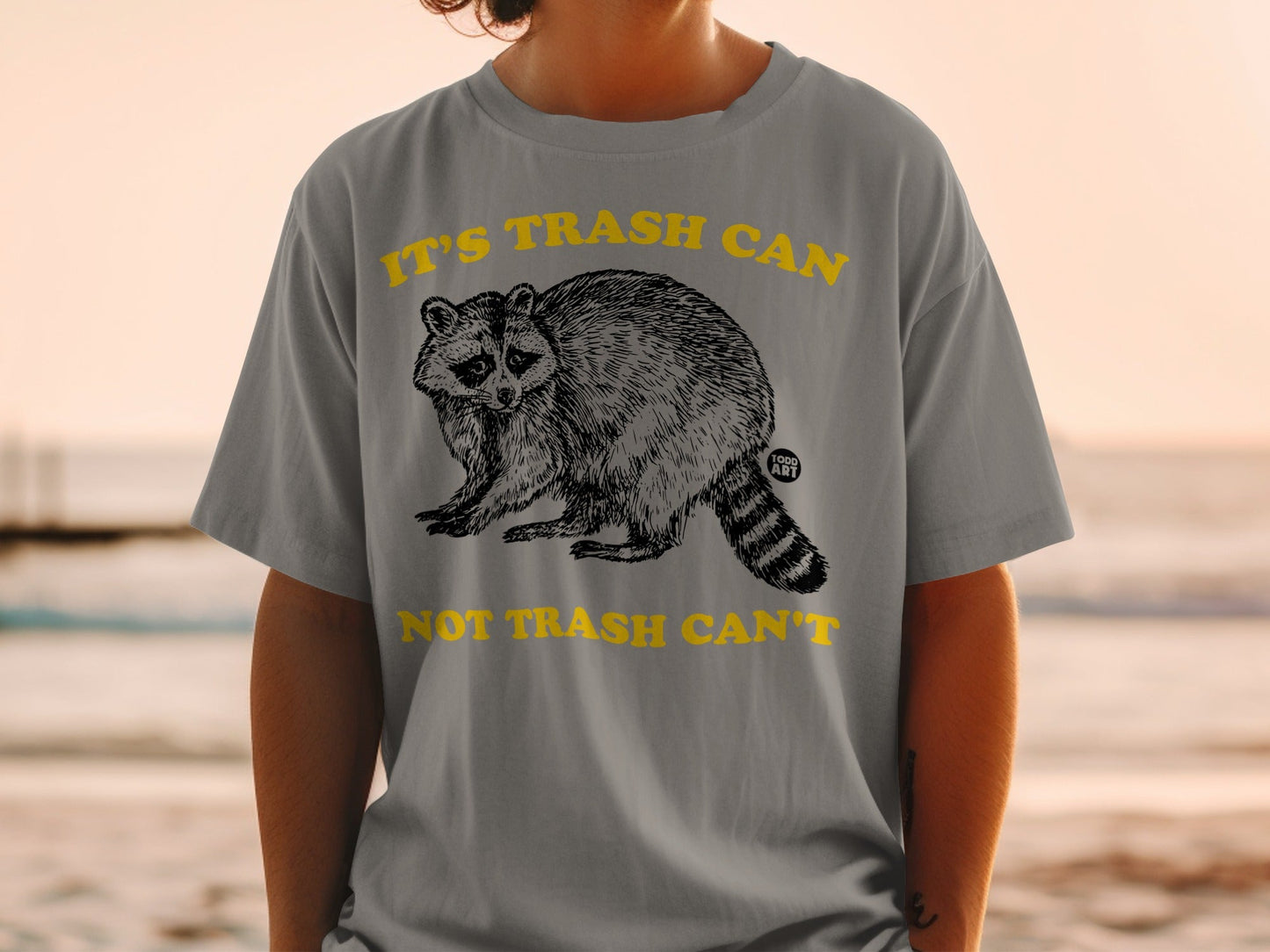 Gray t-shirt with raccoon graphic and "IT'S TRASH CAN NOT TRASH CAN'T" text.
