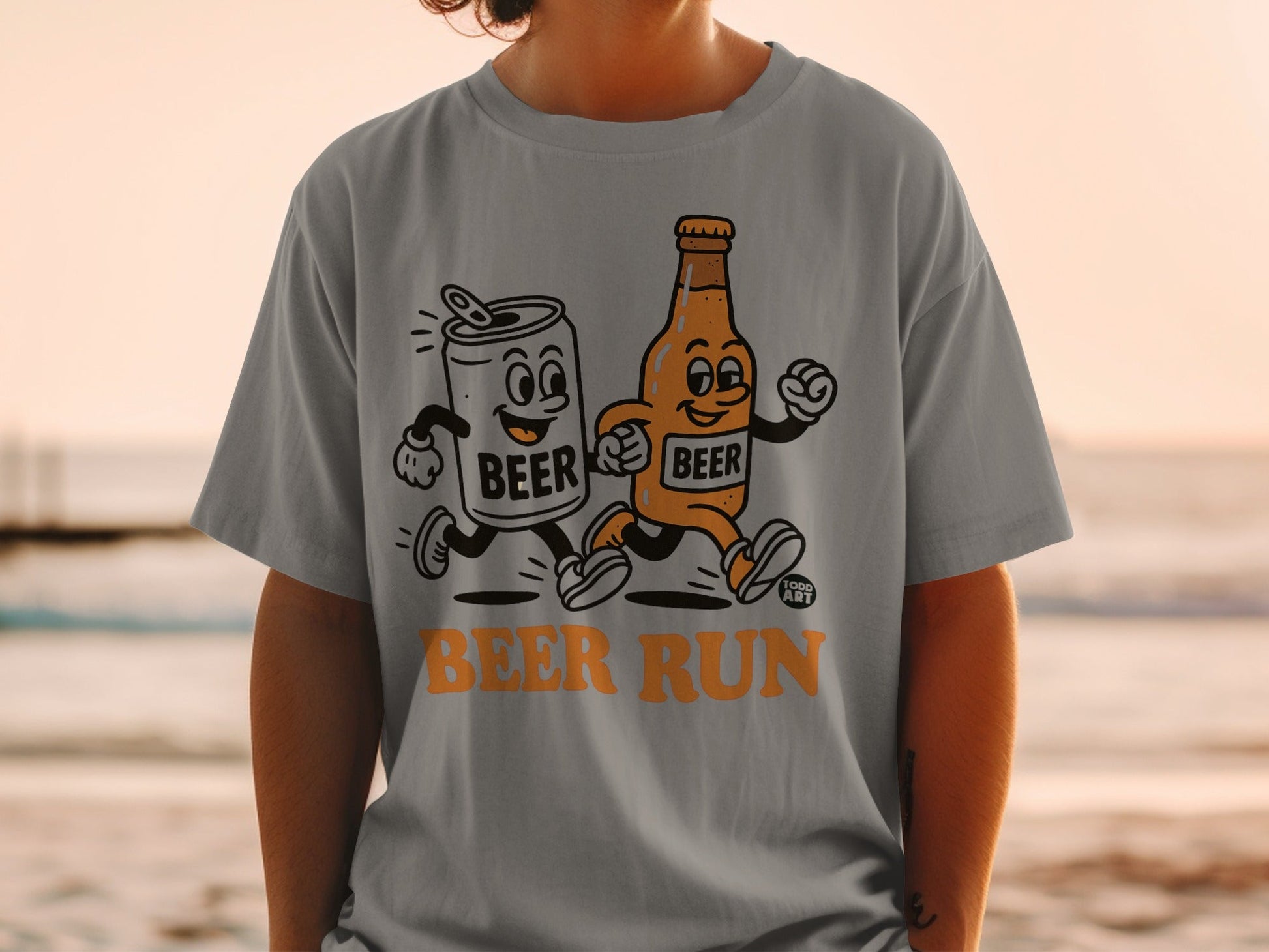 Beer Run Graphic Tee with Running Beer Characters