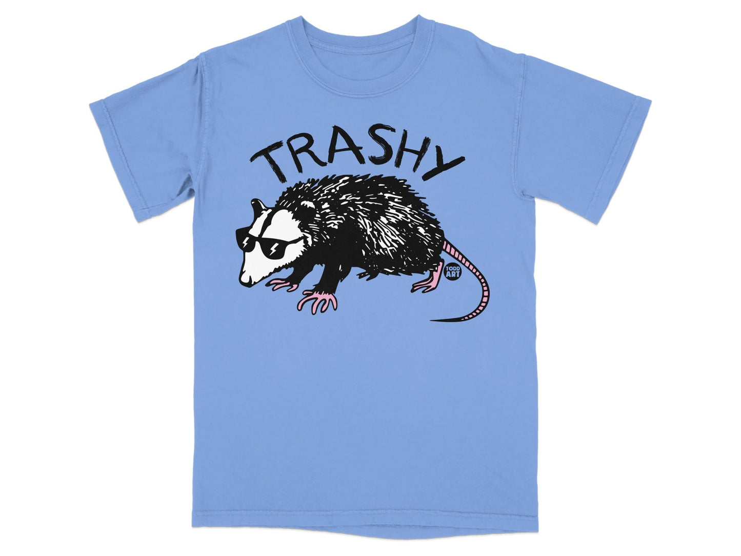 T-shirt with cartoon possum wearing sunglasses and "TRASHY" text.