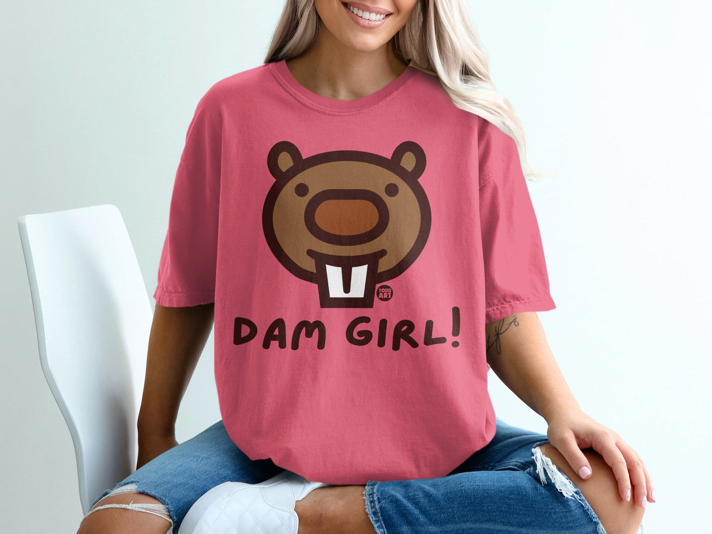 Dam Girl Beaver Graphic Short Sleeve Pink Shirt
