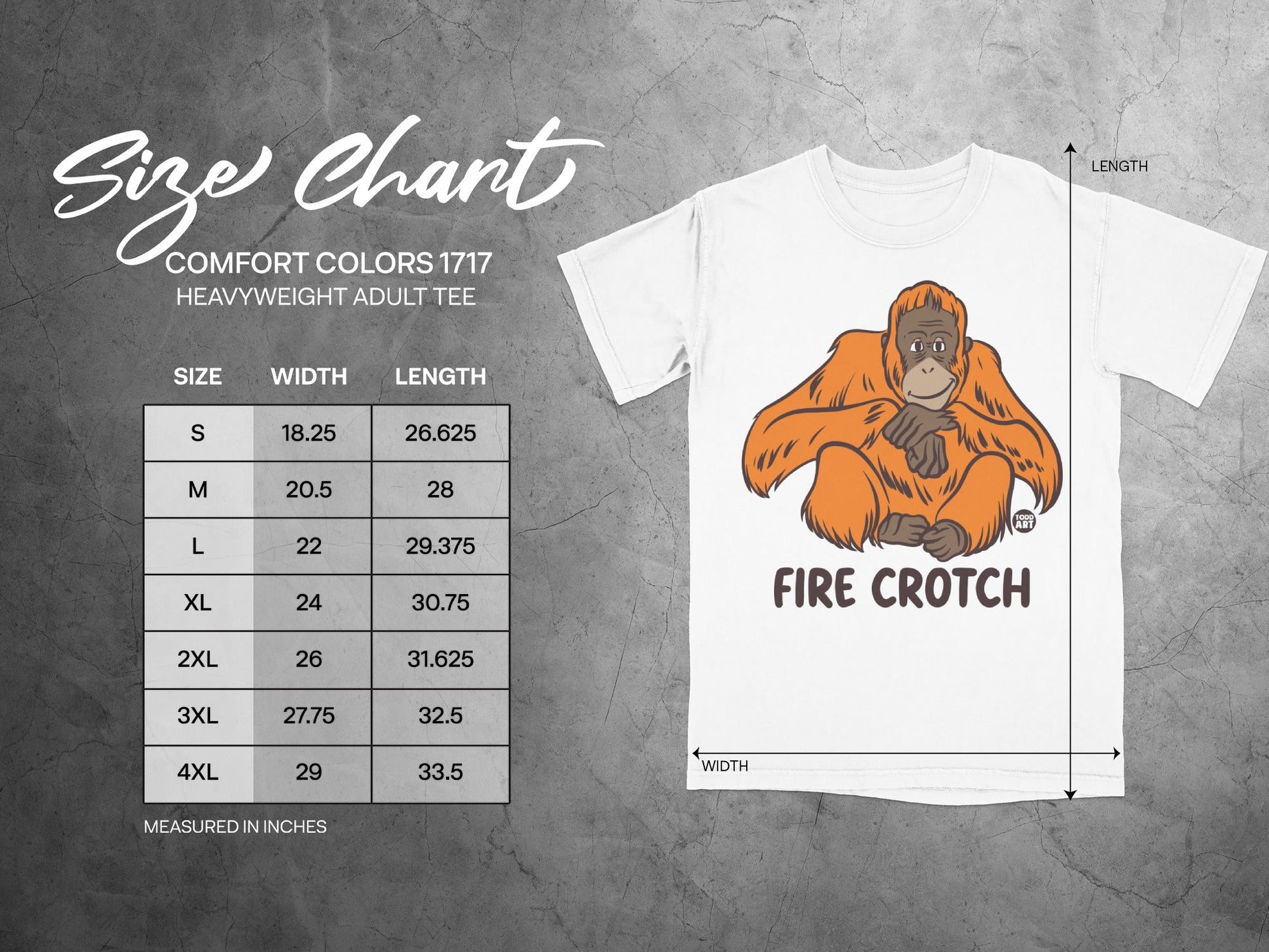 Comfort Colors 1717 size chart for adult heavyweight tees with "Fire Crotch" graphic.