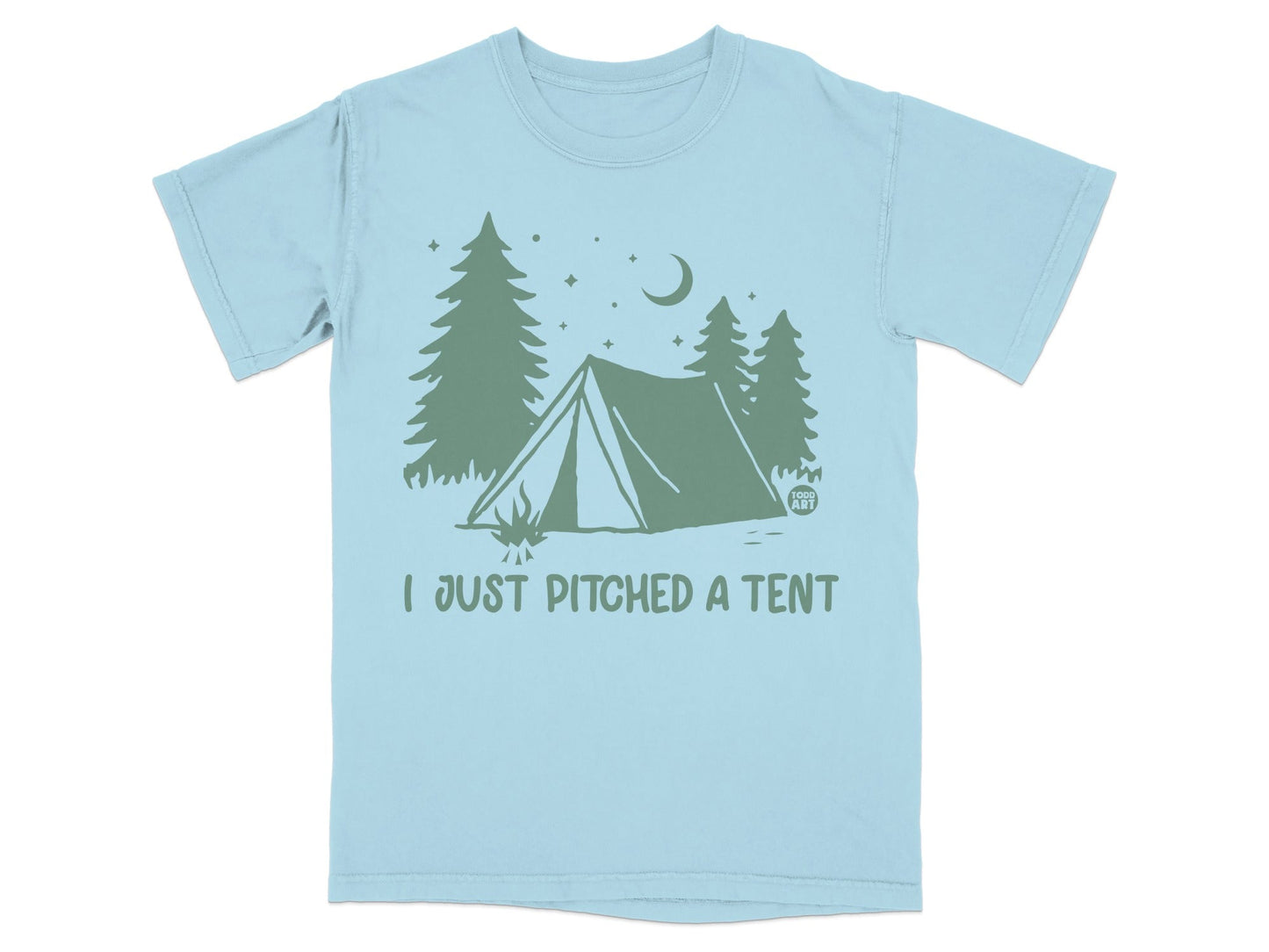 Light blue t-shirt with green graphic of a tent, trees, moon, and text "I JUST PITCHED A TENT".