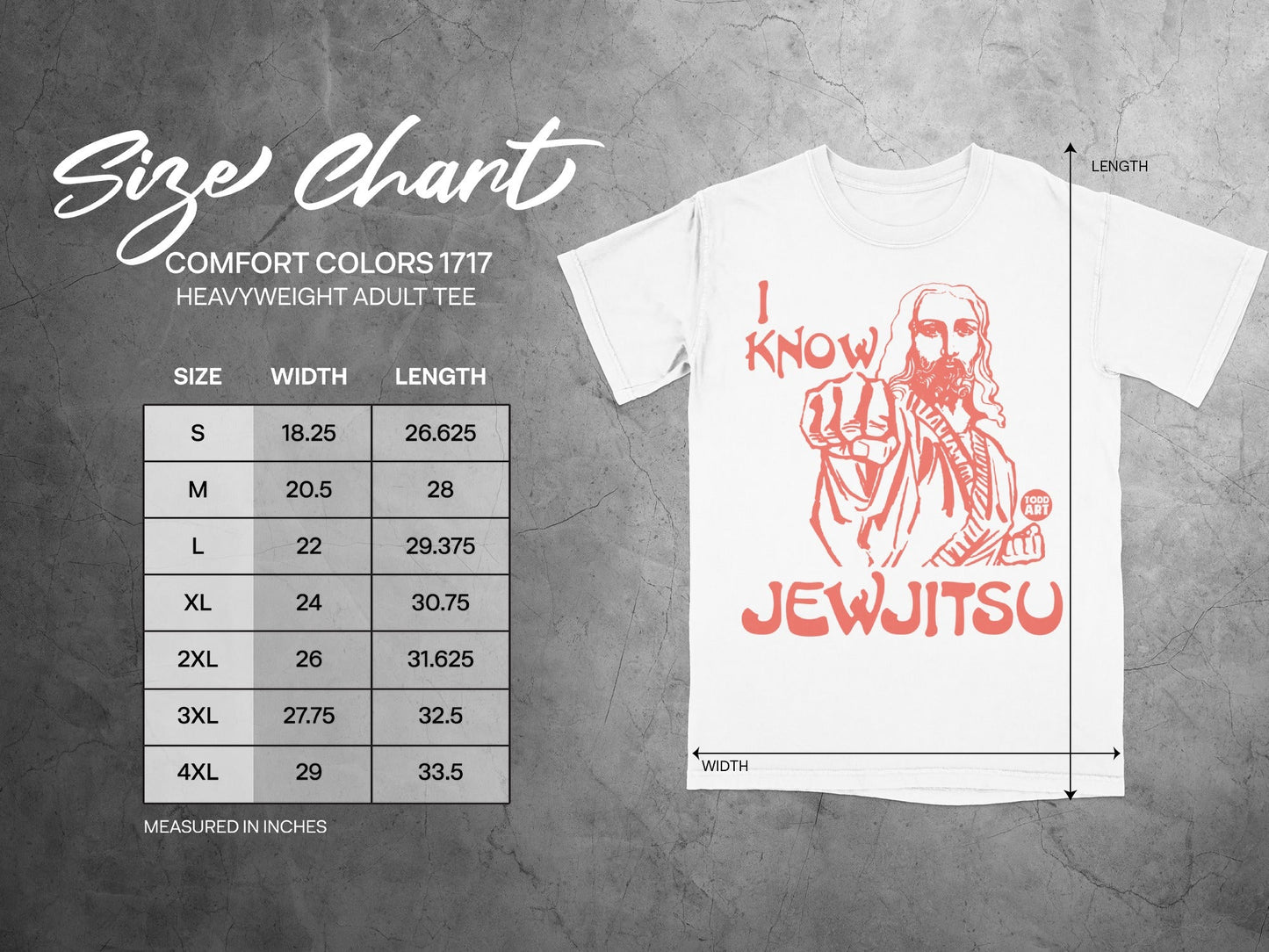 Comfort Colors heavyweight adult tee size chart with "I Know JewJitsu" graphic.