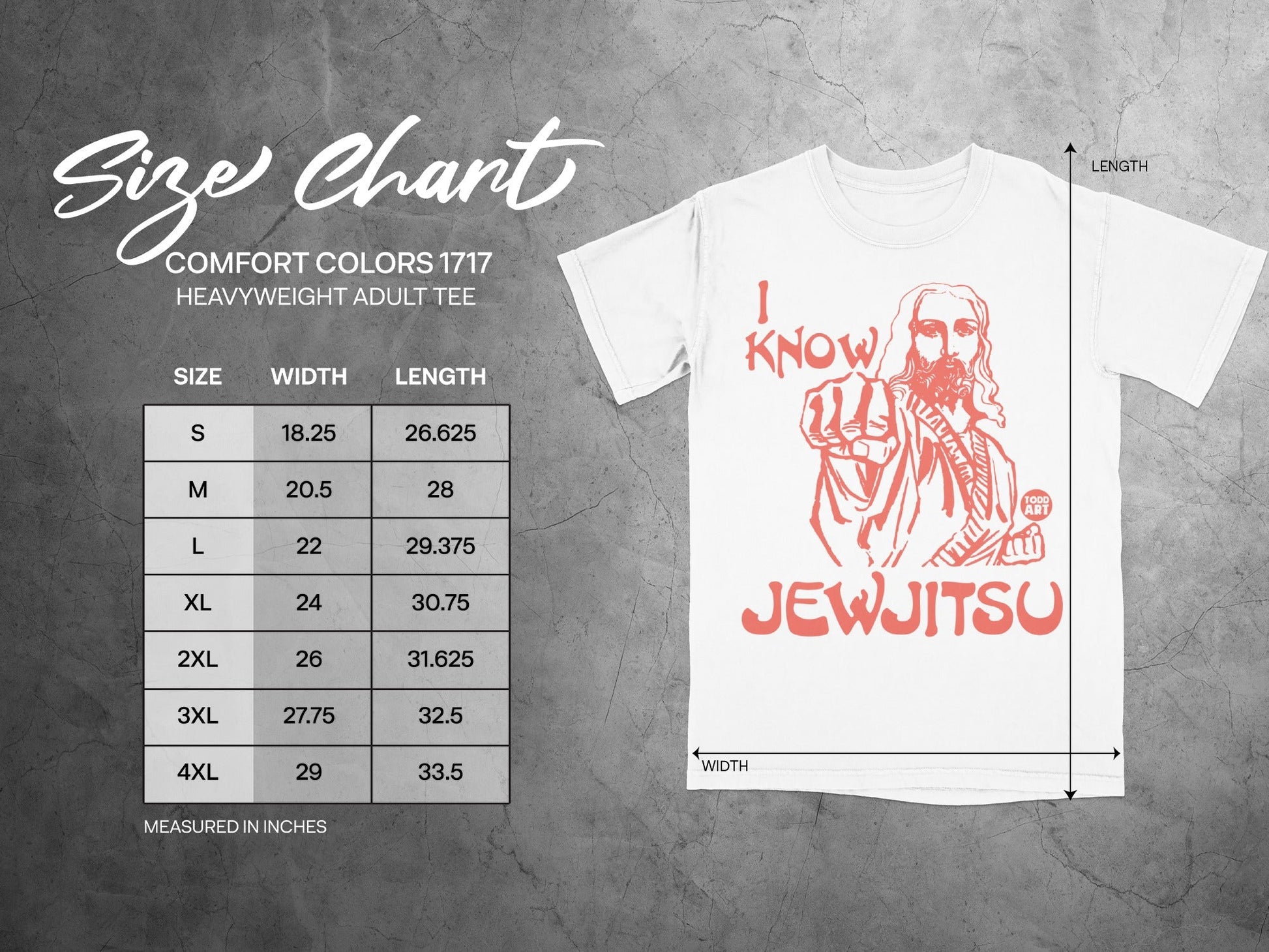Comfort Colors heavyweight adult tee size chart with "I Know JewJitsu" graphic.