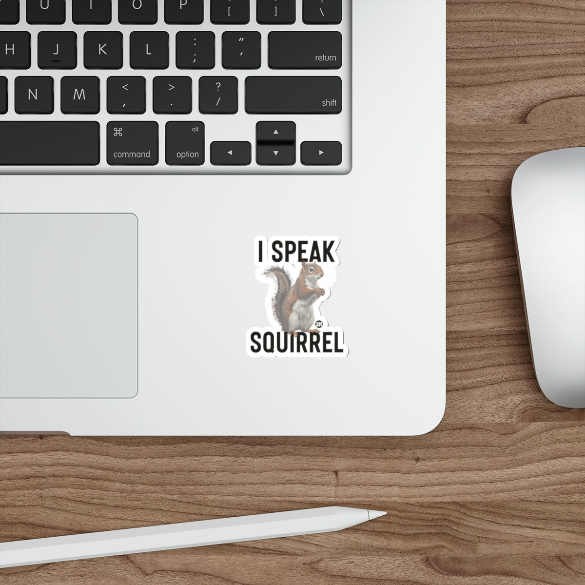 Sticker on laptop with text "I SPEAK SQUIRREL" and a squirrel graphic.