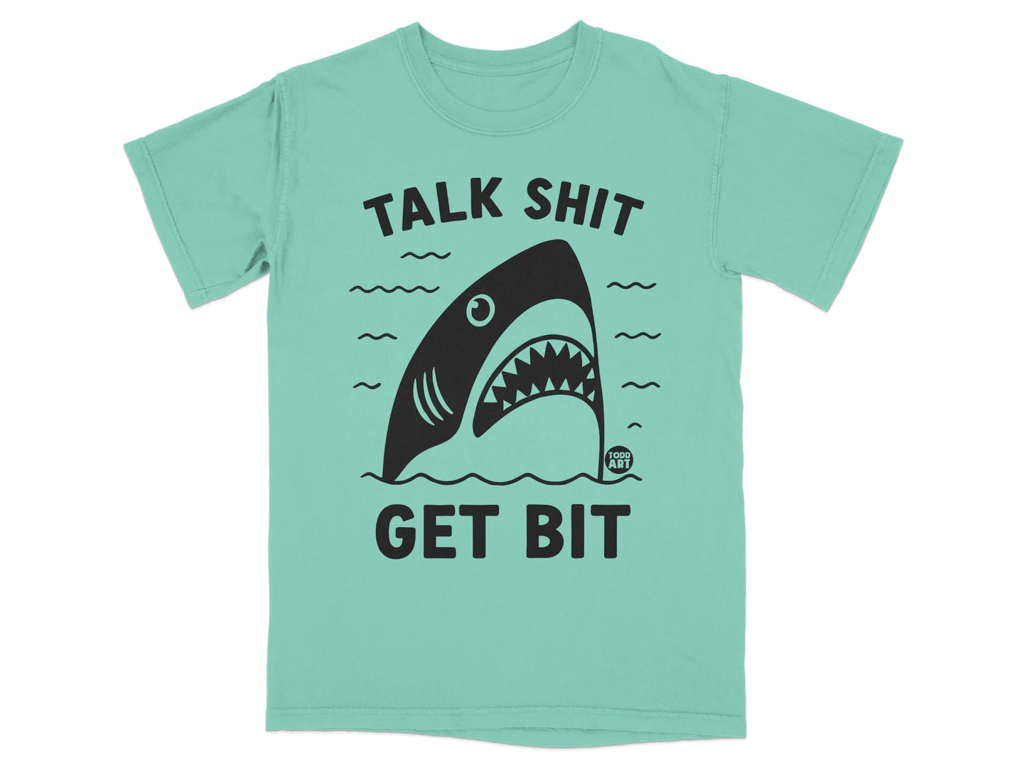 Teal t-shirt with black shark and text "TALK SHIT GET BIT".