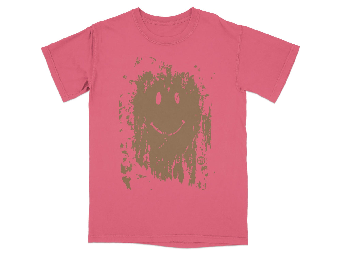Pink t-shirt with a distressed brown smiley face graphic.