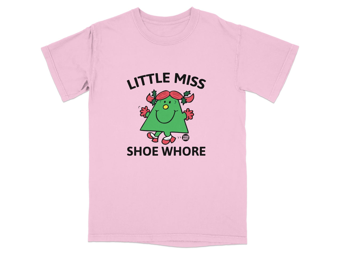 Pink t-shirt with a cartoon Christmas tree character and "LITTLE MISS SHOE WHORE" text.