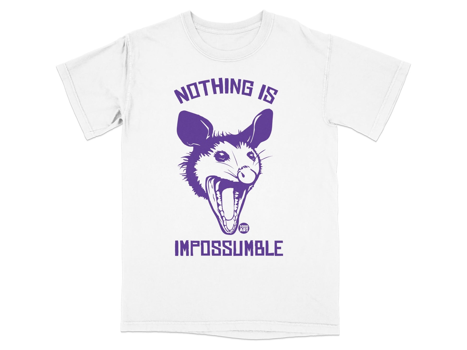 White t-shirt with a purple possum graphic and text "Nothing is Impossumble".