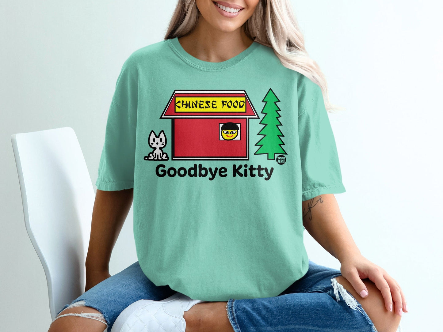 Goodbye Kitty Chinese Food Graphic Teal T-Shirt