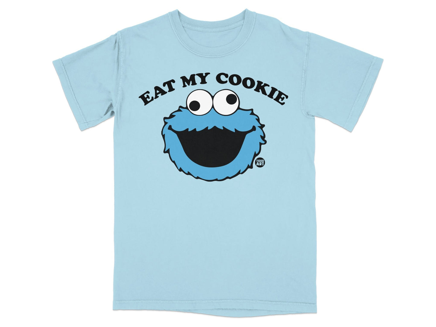 Light blue t-shirt with Cookie Monster's face and "EAT MY COOKIE" text.