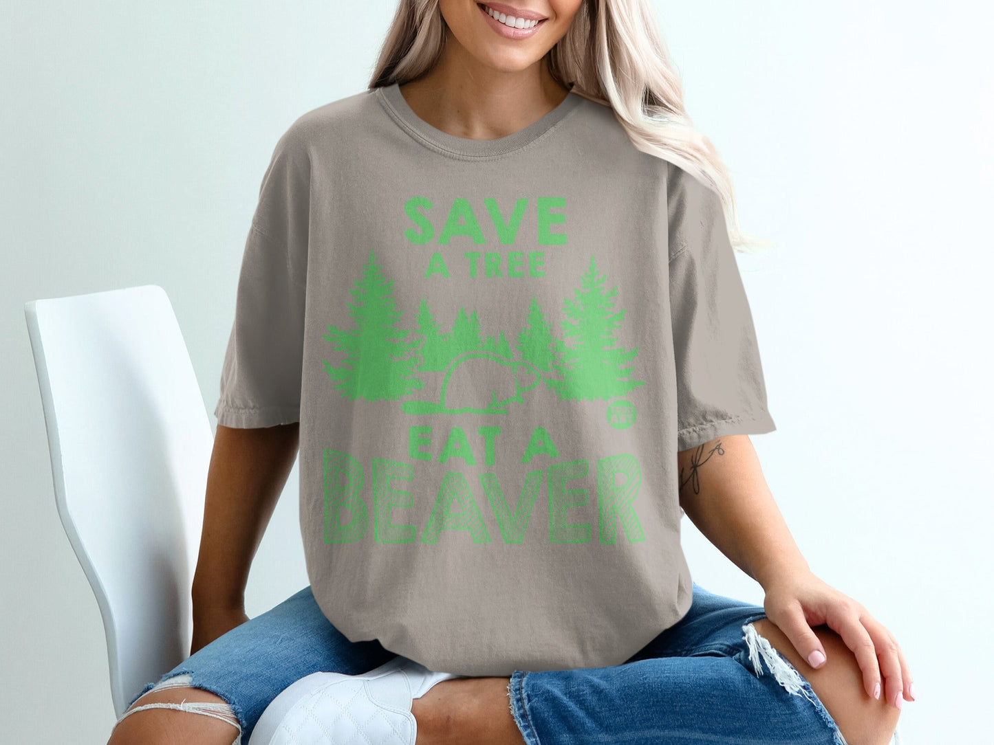 Save a Tree Eat a Beaver Graphic Statement T-Shirt