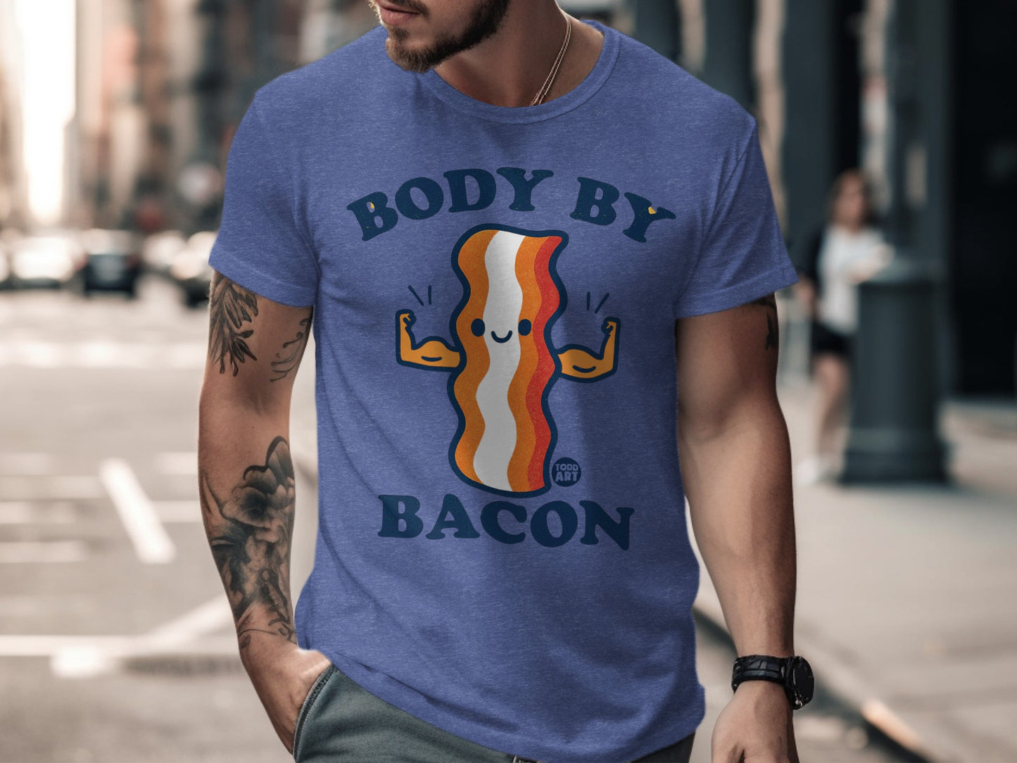 Body By Bacon Funny Graphic Tee Muscle Flexing Shirt