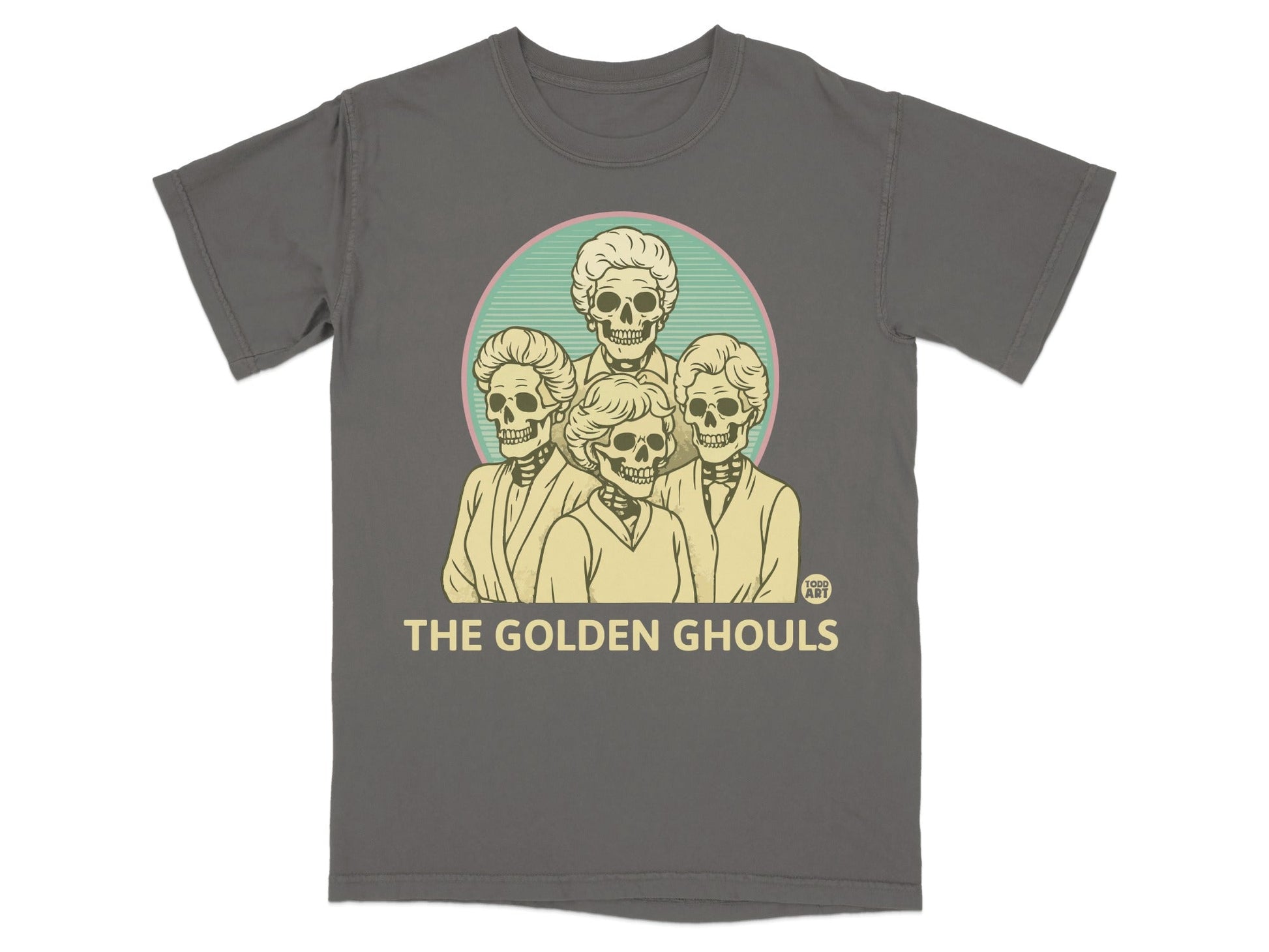 Grey t-shirt with "The Golden Ghouls" text and skeleton portraits.