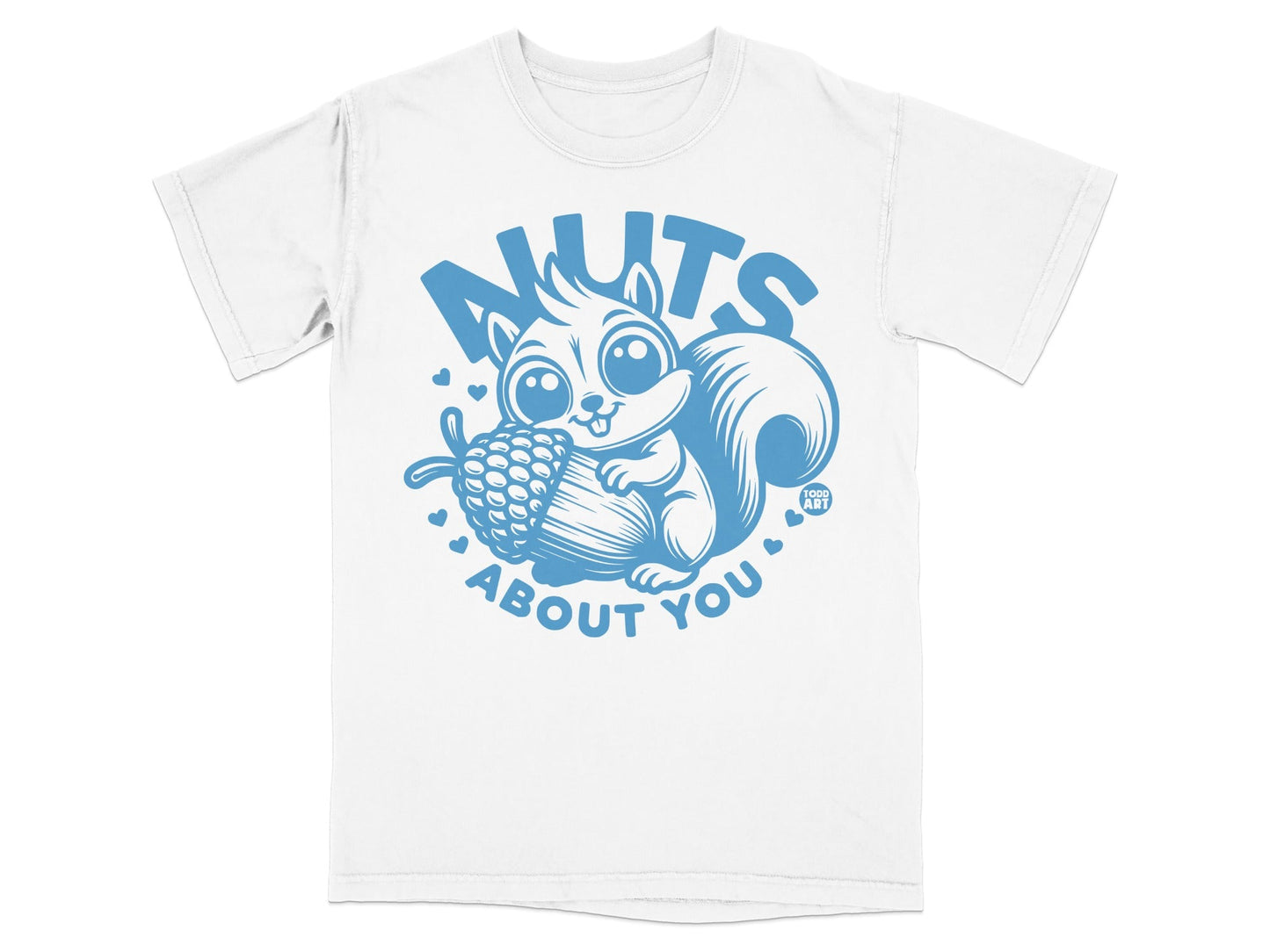 T-shirt with blue cartoon squirrel holding acorn, with "Nuts About You" text.