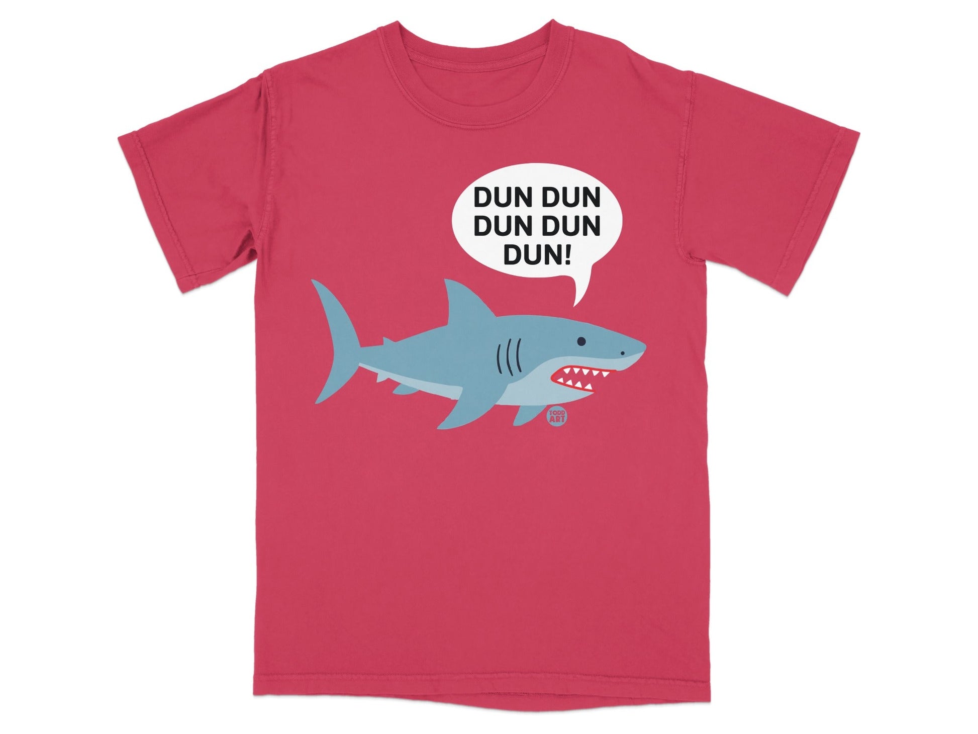Red t-shirt with cartoon shark saying "DUN DUN DUN DUN!"