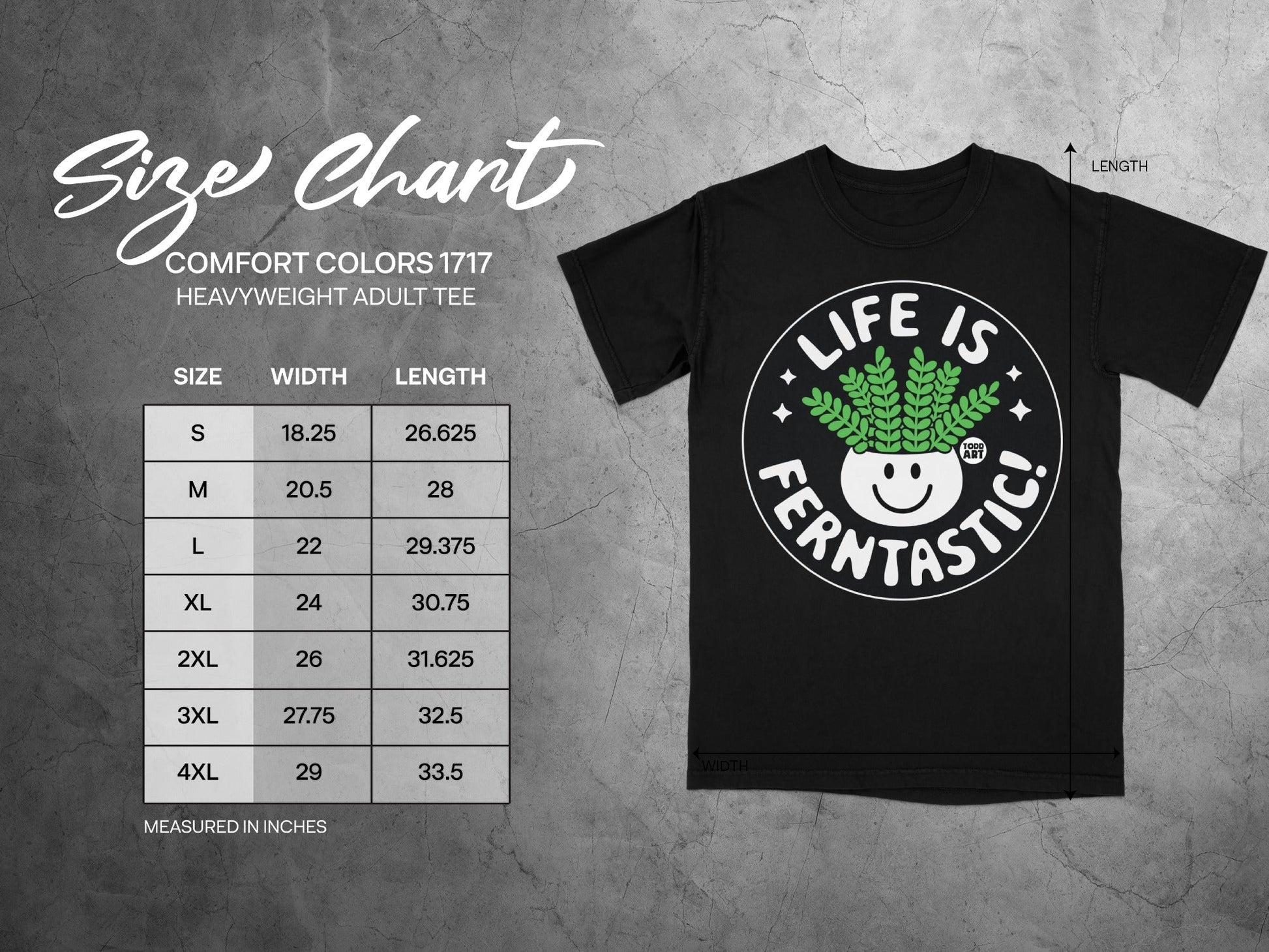 Size chart for Comfort Colors 1717 heavyweight adult tee with measurements.