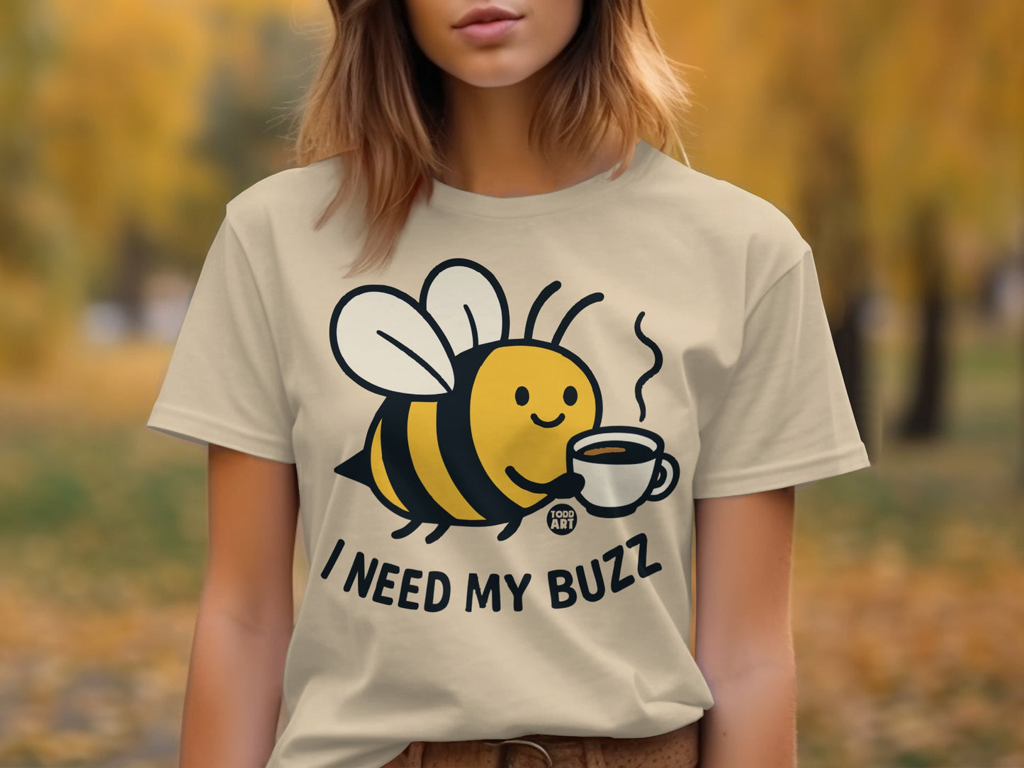 Cute Bee Drinking Coffee I Need My Buzz T-Shirt