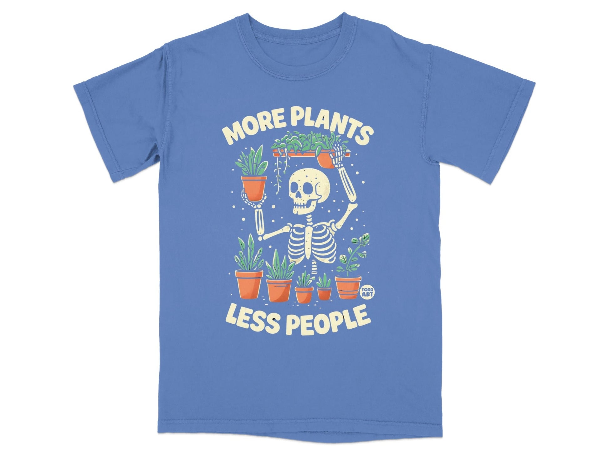 Skeleton holding potted plants, text reads "More Plants Less People"