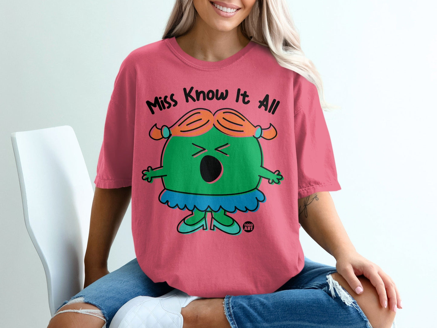 Miss Know It All Green and Pink Cartoon Shirt