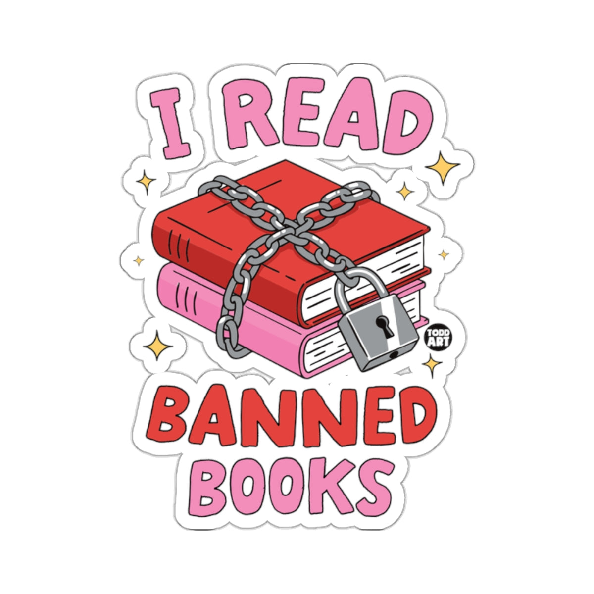 "I READ BANNED BOOKS" text above chain-locked red and pink books.