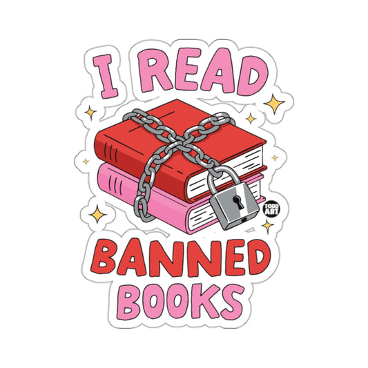 "I READ BANNED BOOKS" text above chain-locked red and pink books.