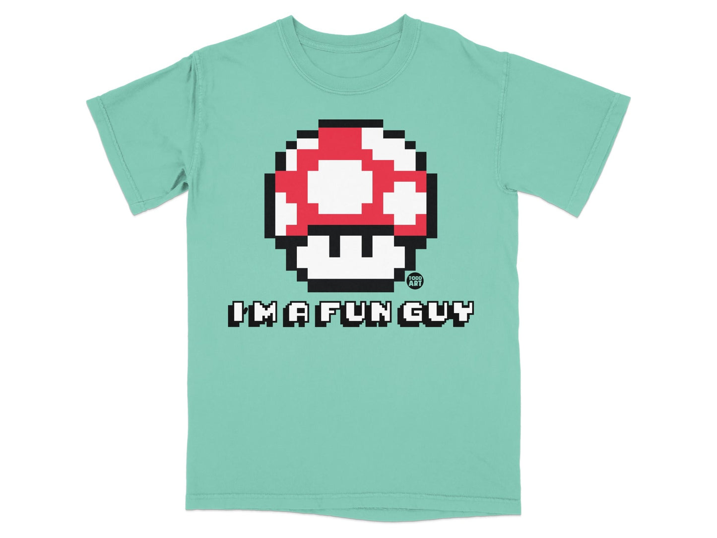 Aqua t-shirt with Super Mario mushroom icon and "I'm a fun guy" text.