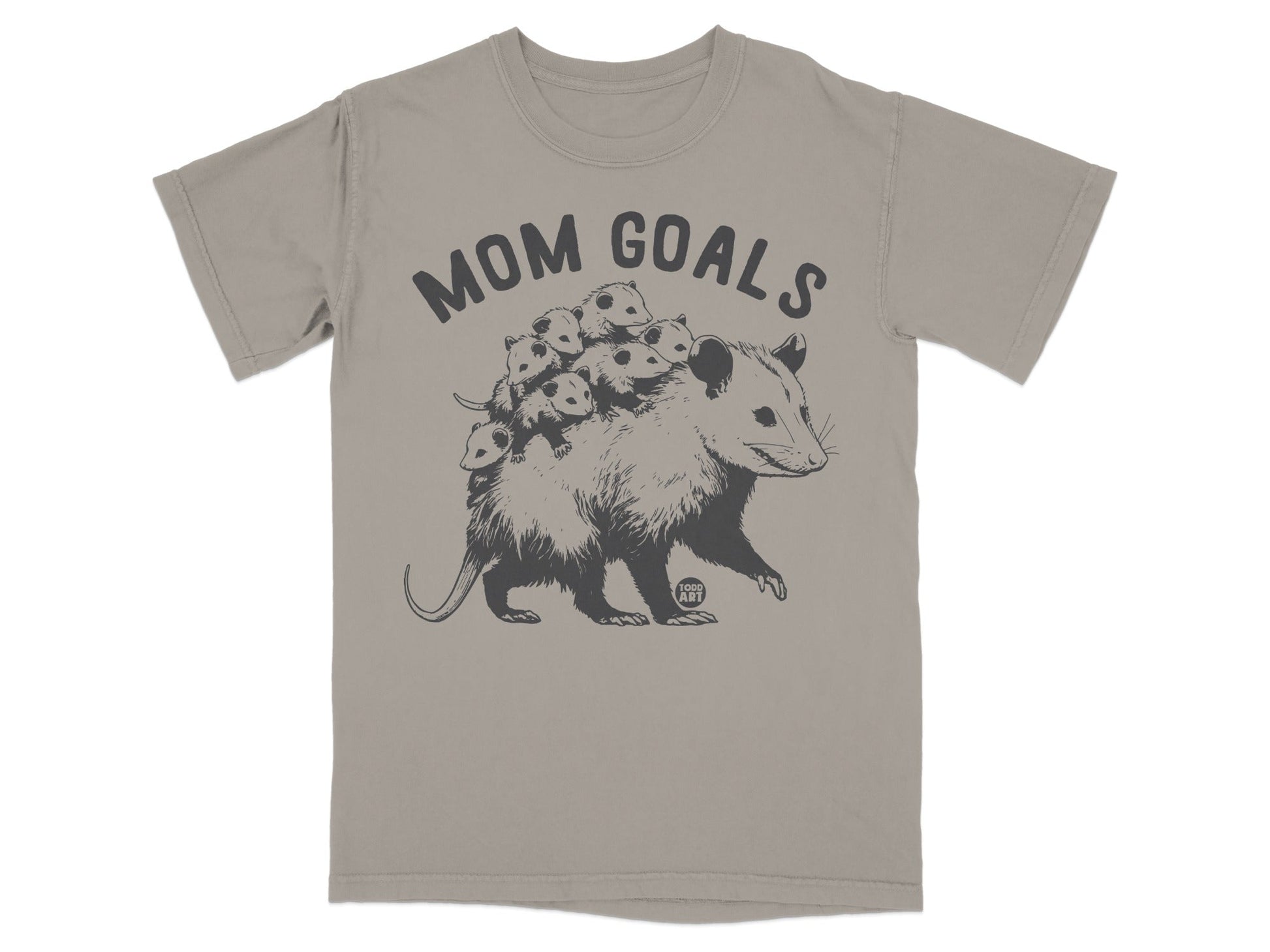 T-shirt with "Mom Goals" text and a mama opossum with babies on her back.