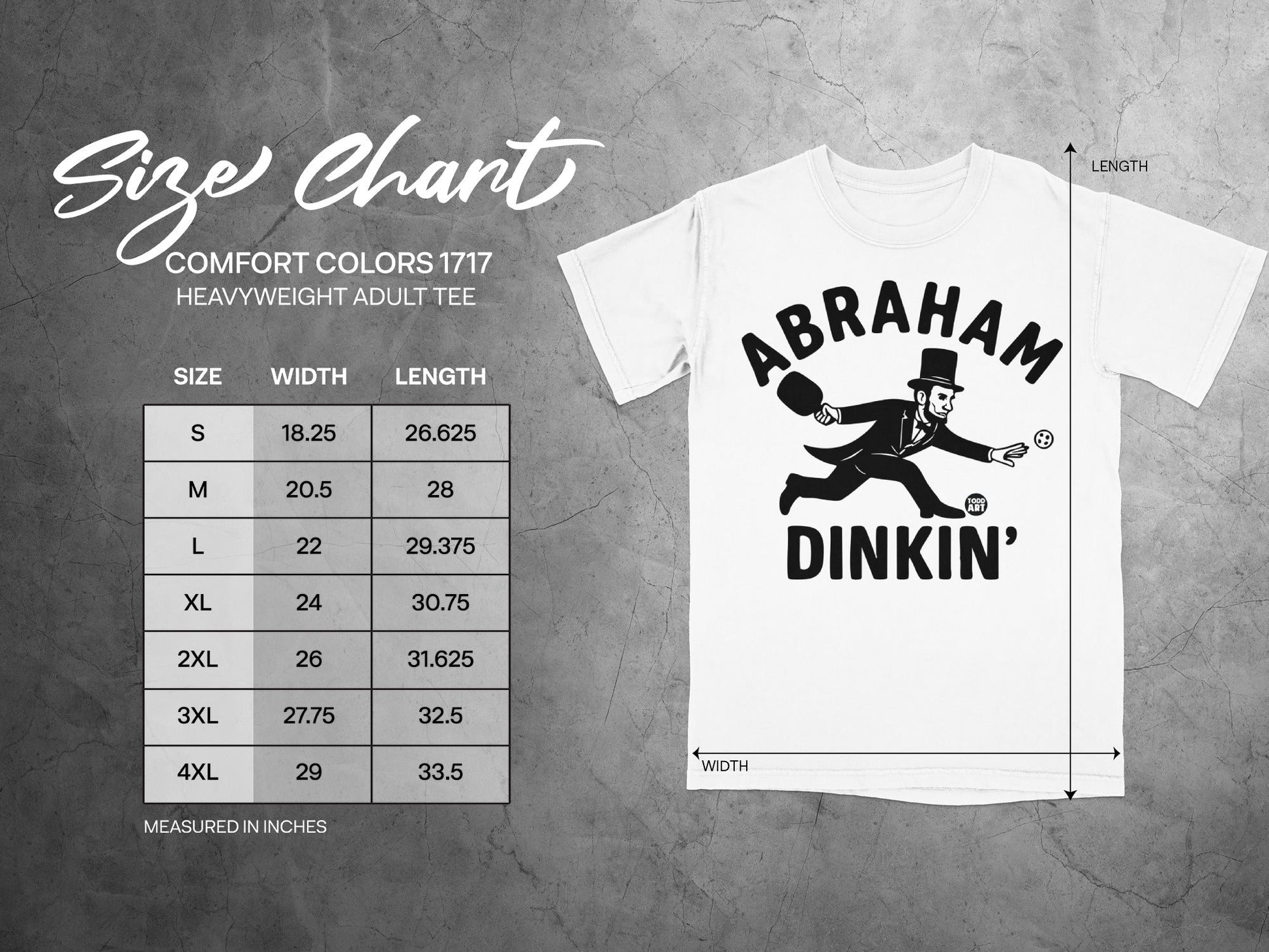 Size chart for Abraham Dinkin' heavyweight adult tee, measured in inches.