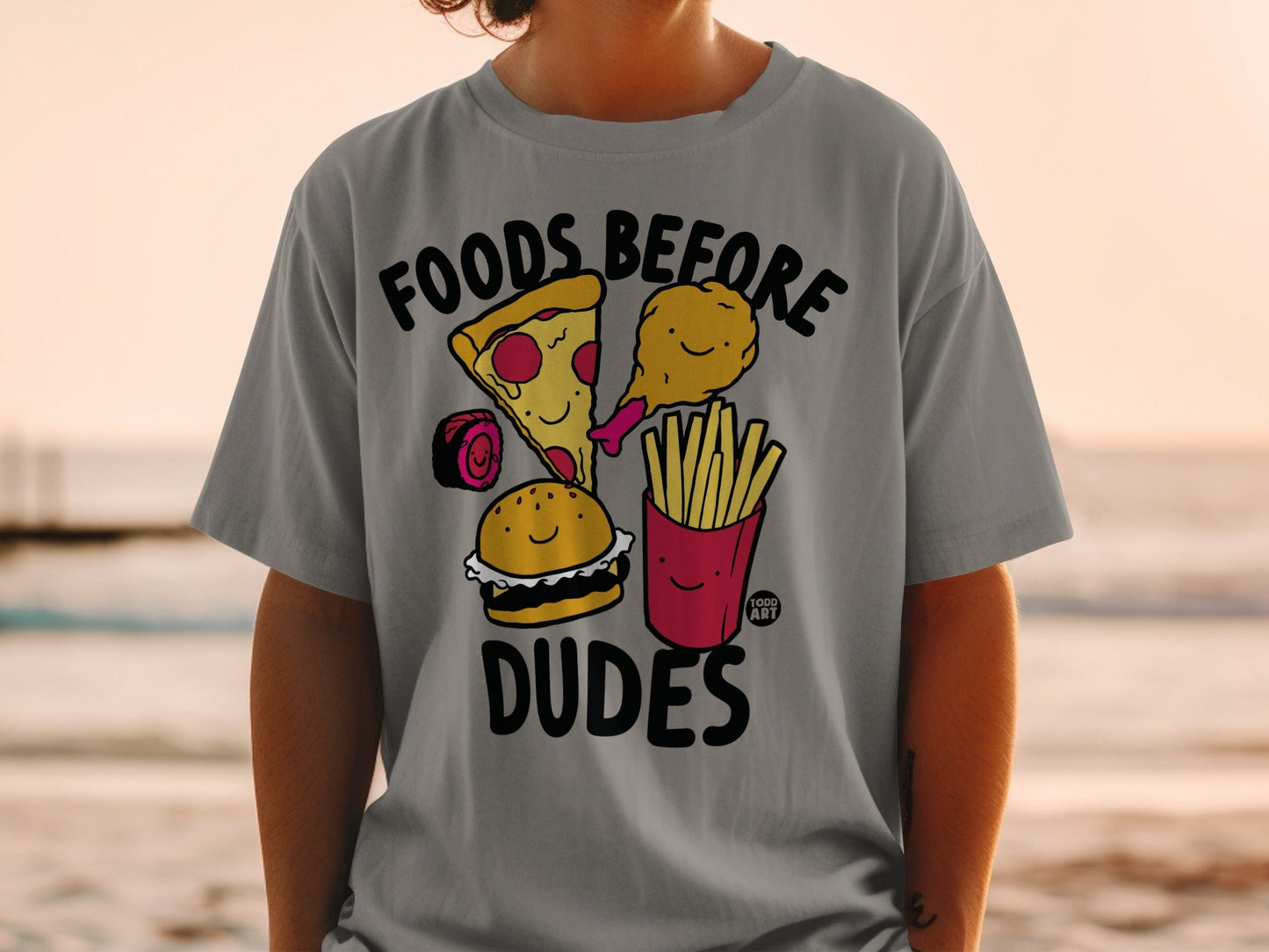Gray t-shirt with cartoon food: pizza, burger, fries, and chicken drumstick.
