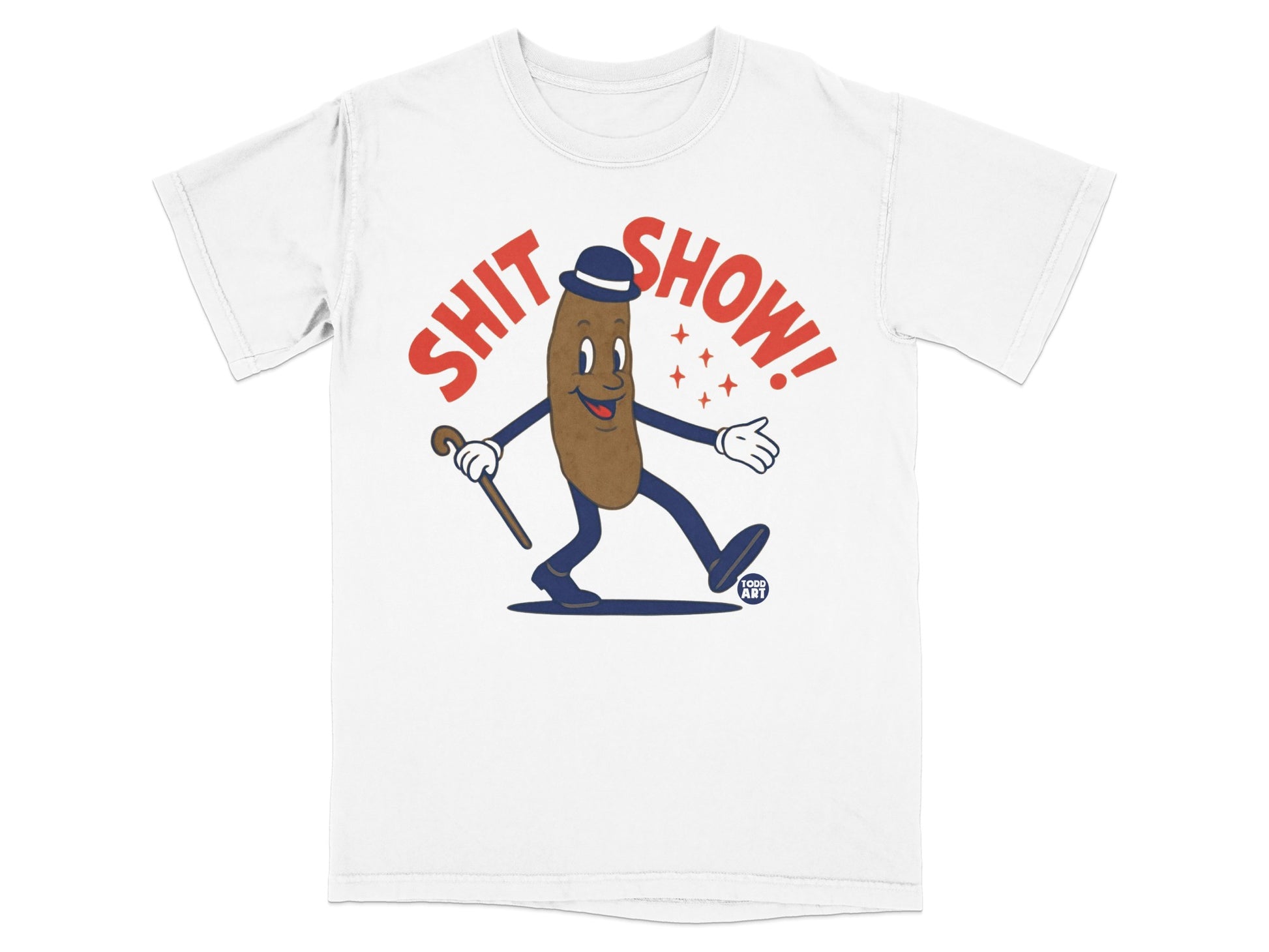 Brown cartoon poop character with hat and cane, walking on a white t-shirt.