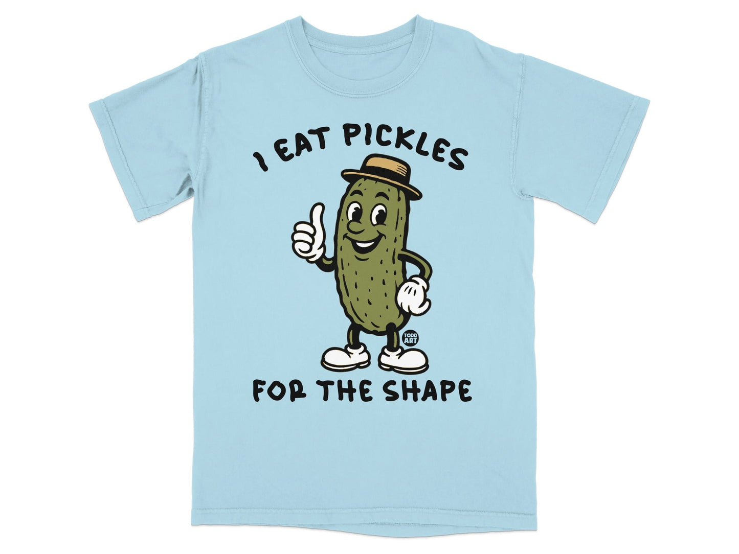 Cartoon pickle with hat giving thumbs up, "I eat pickles for the shape."